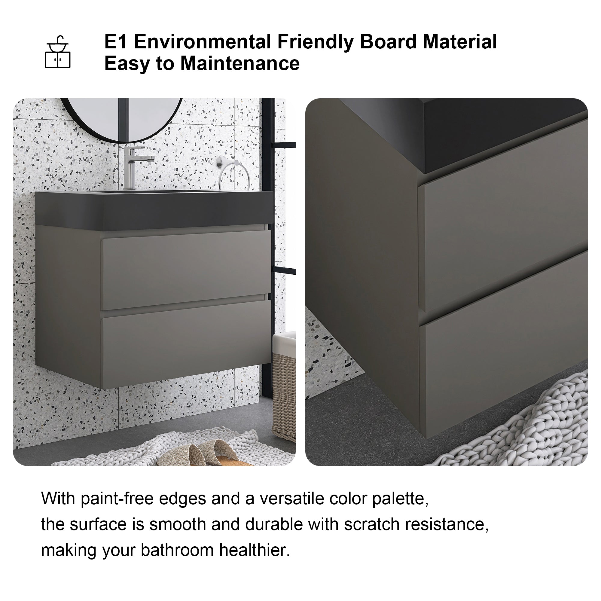 24"/30"/36" Wood Wall-Mounted Bathroom Vanity Set with Black Integrated Quartz Sand Sink