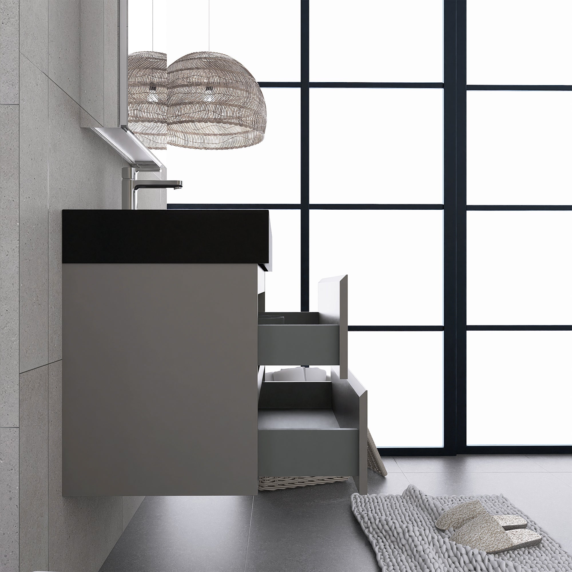 24"/30"/36" Wood Wall-Mounted Bathroom Vanity Set with Black Integrated Quartz Sand Sink