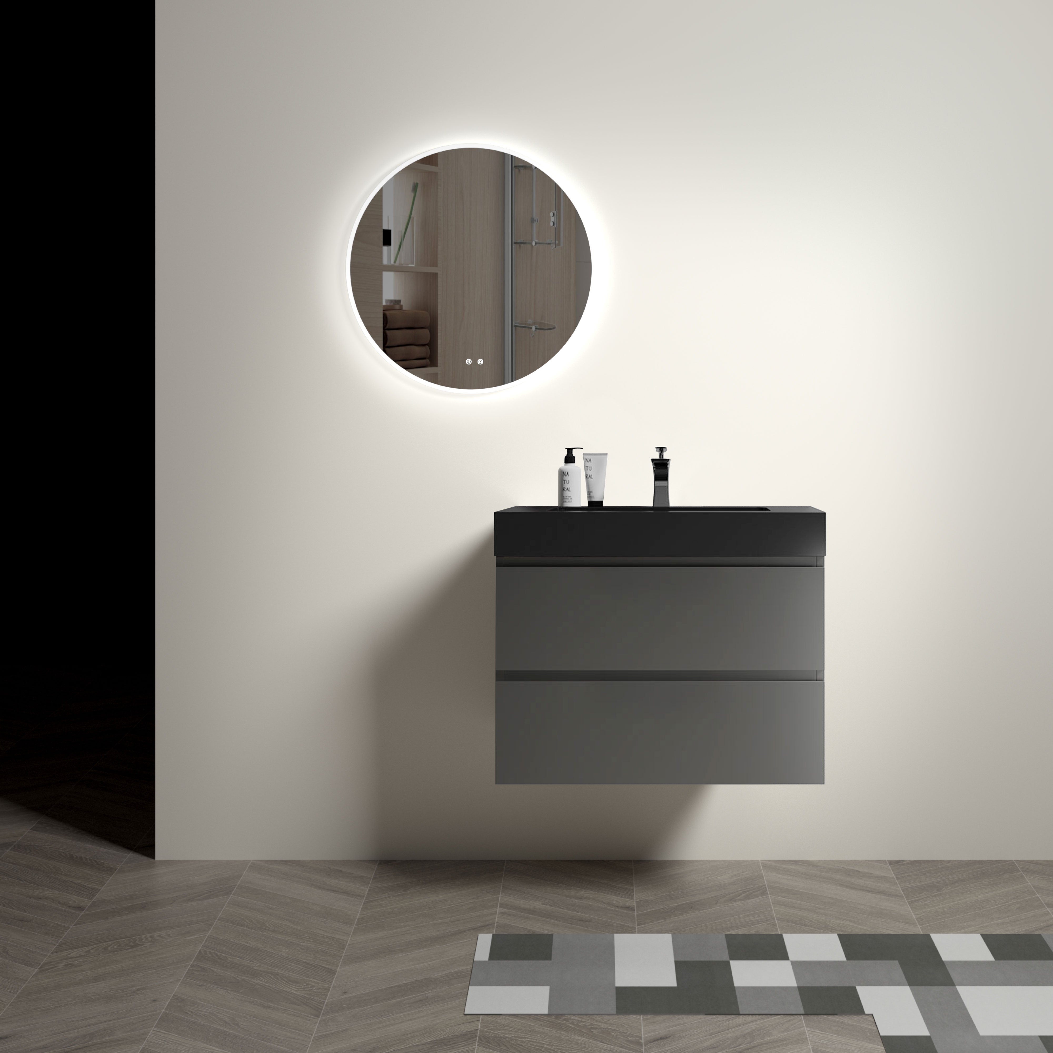 24"/30"/36" Wood Wall-Mounted Bathroom Vanity Set with Black Integrated Quartz Sand Sink