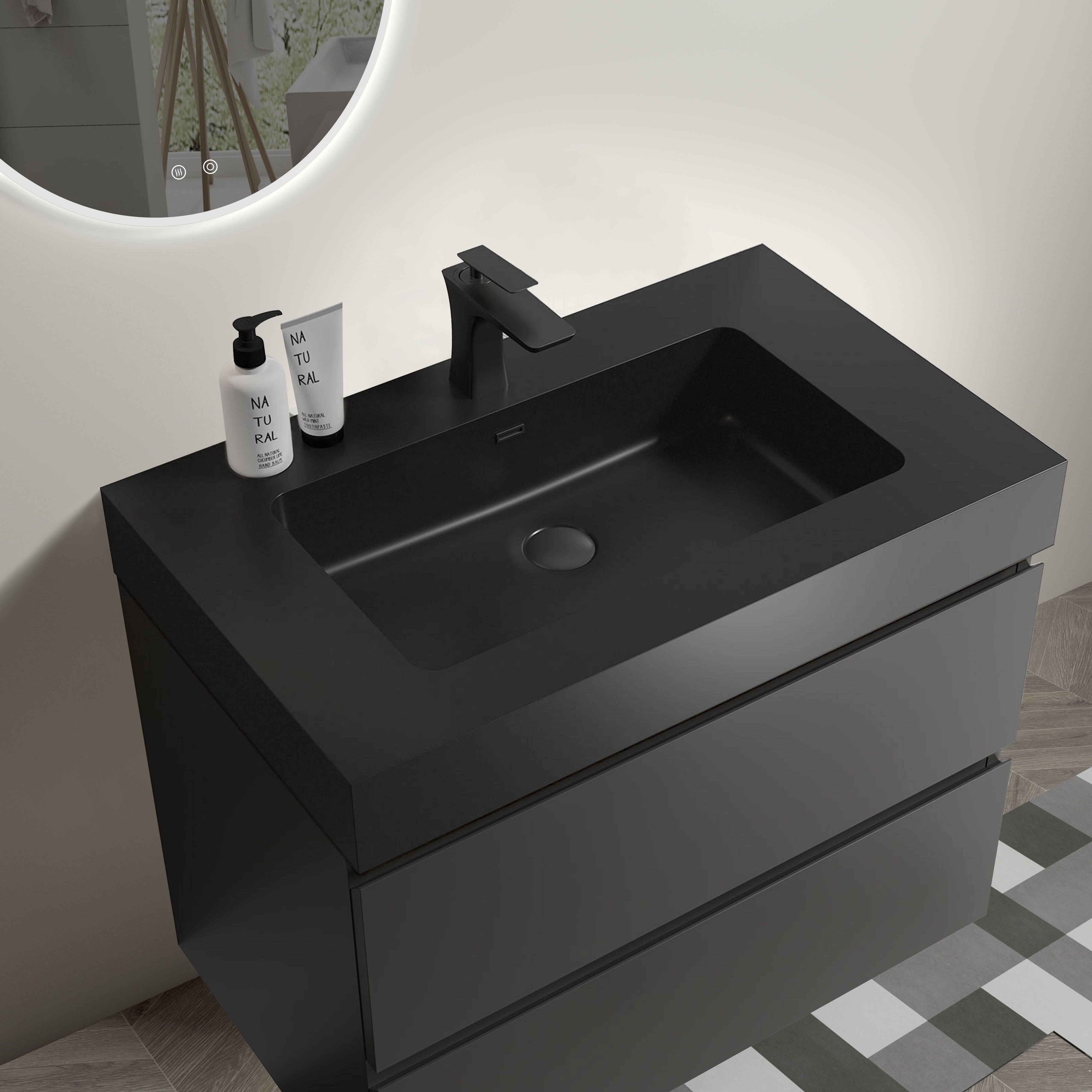 24"/30"/36" Wood Wall-Mounted Bathroom Vanity Set with Black Integrated Quartz Sand Sink
