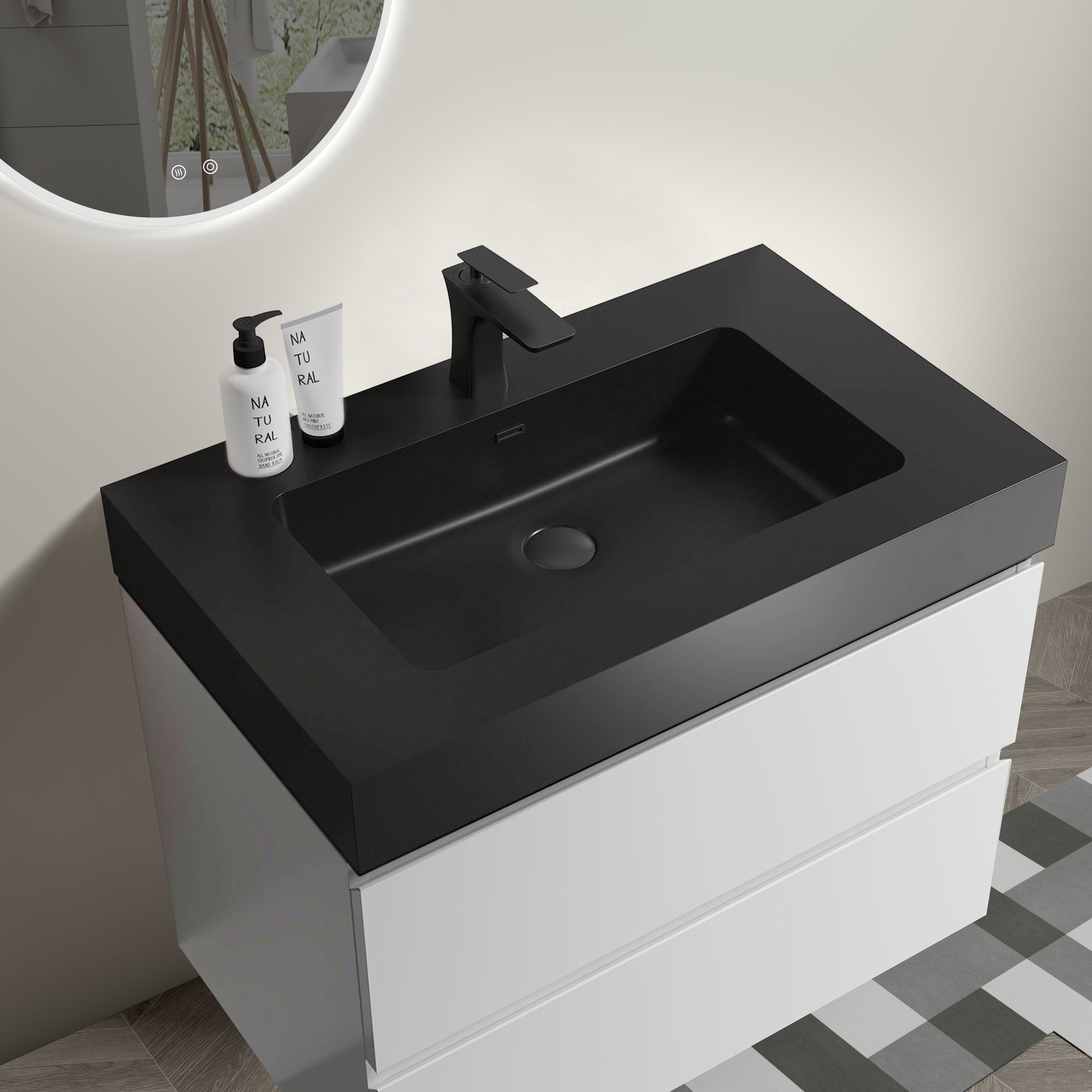 24"/30"/36" Wood Wall-Mounted Bathroom Vanity Set with Black Integrated Quartz Sand Sink