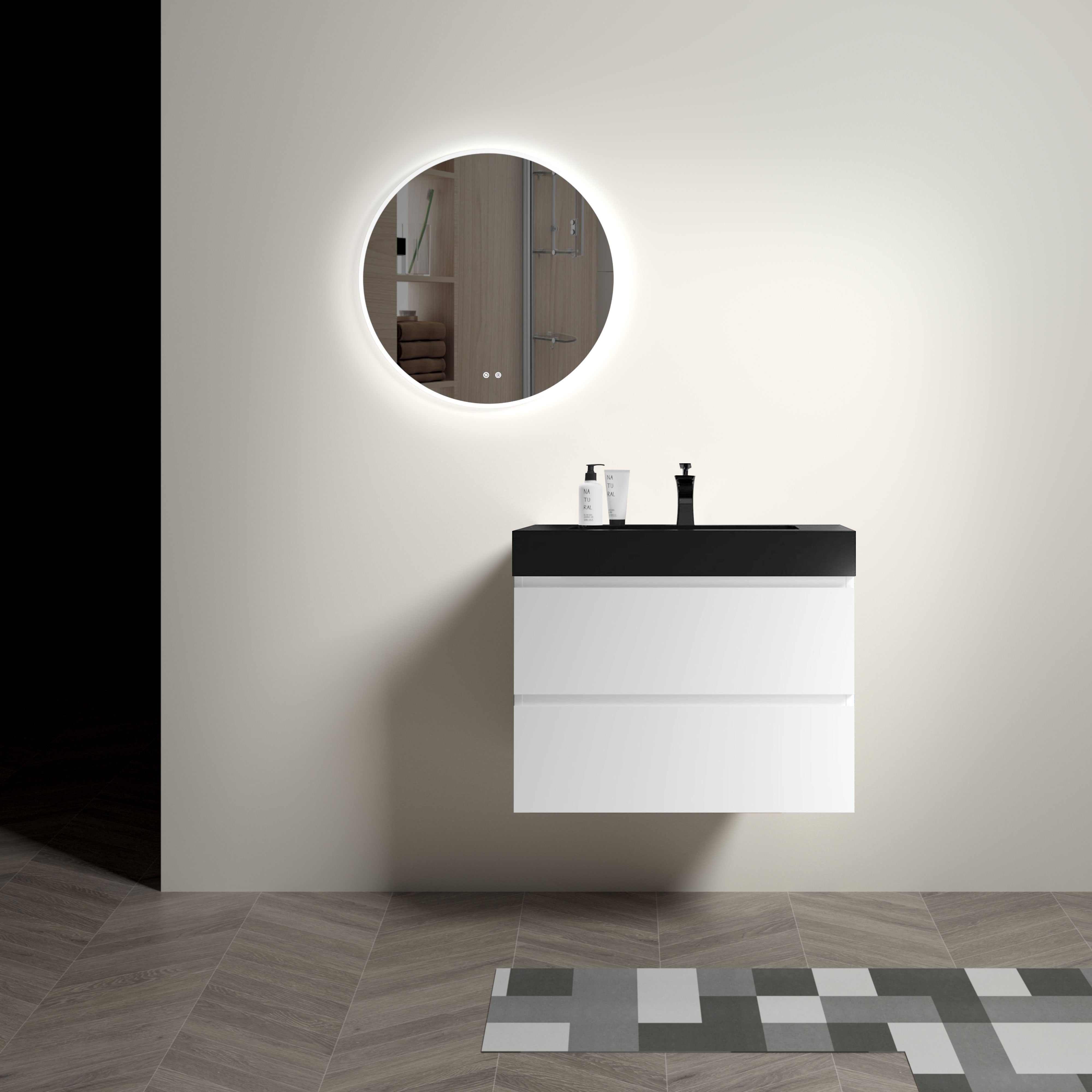 24"/30"/36" Wood Wall-Mounted Bathroom Vanity Set with Black Integrated Quartz Sand Sink