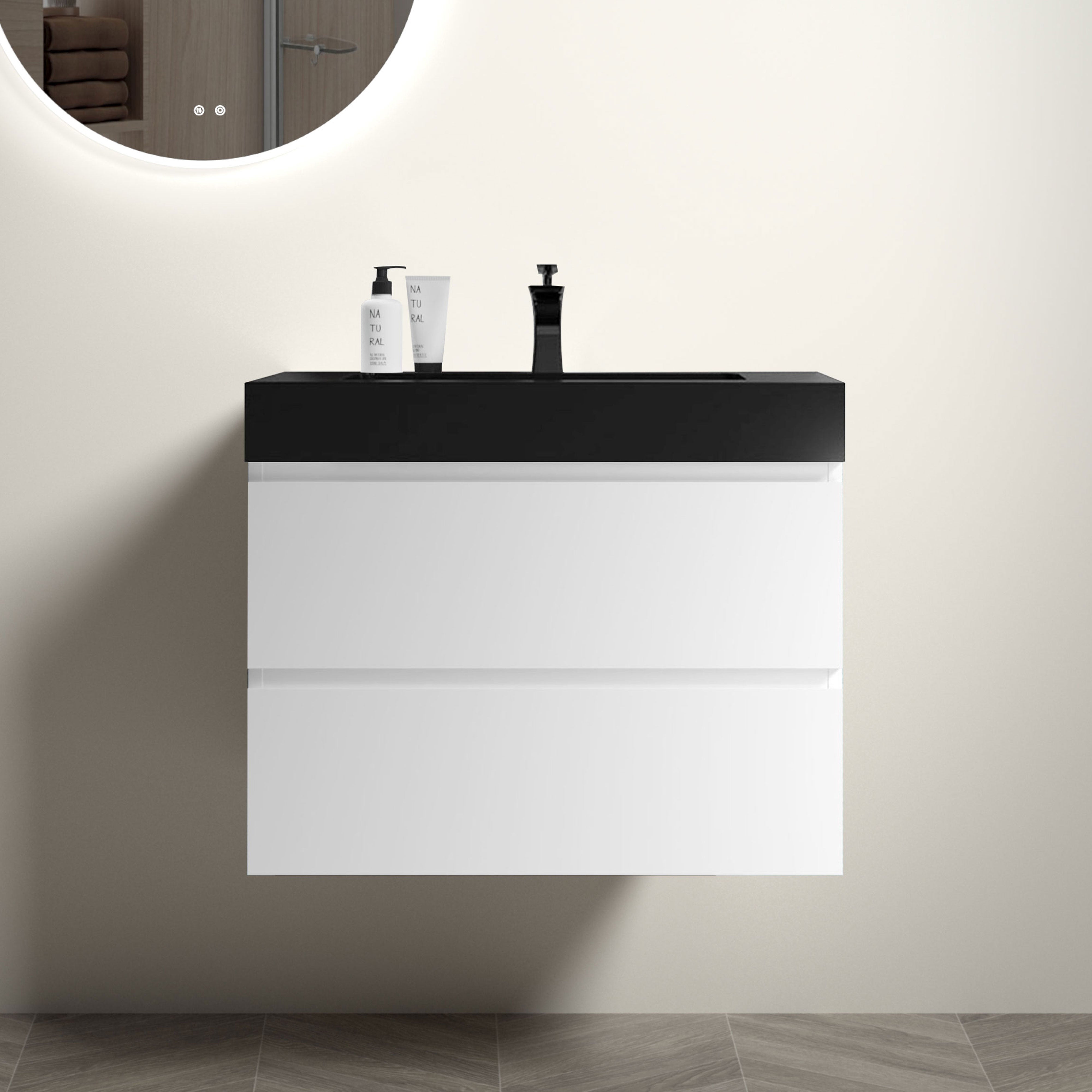 24"/30"/36" Wood Wall-Mounted Bathroom Vanity Set with Black Integrated Quartz Sand Sink