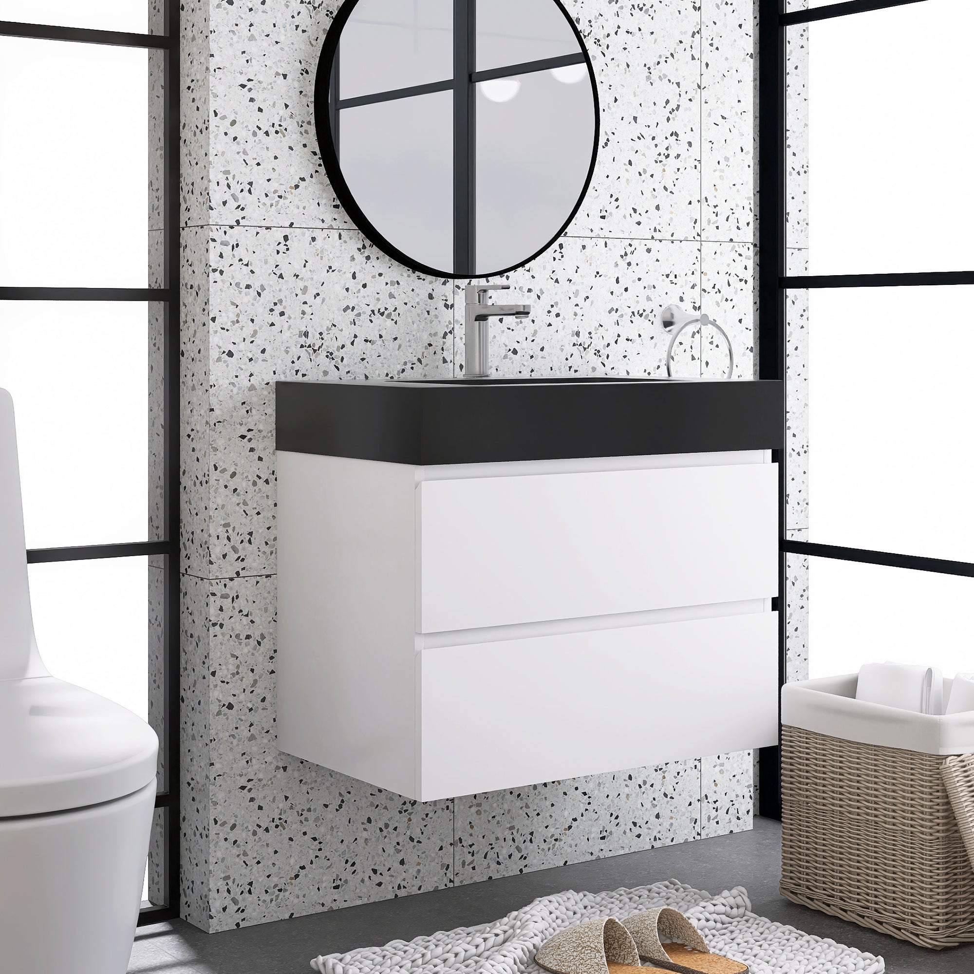 24"/30"/36" Wood Wall-Mounted Bathroom Vanity Set with Black Integrated Quartz Sand Sink