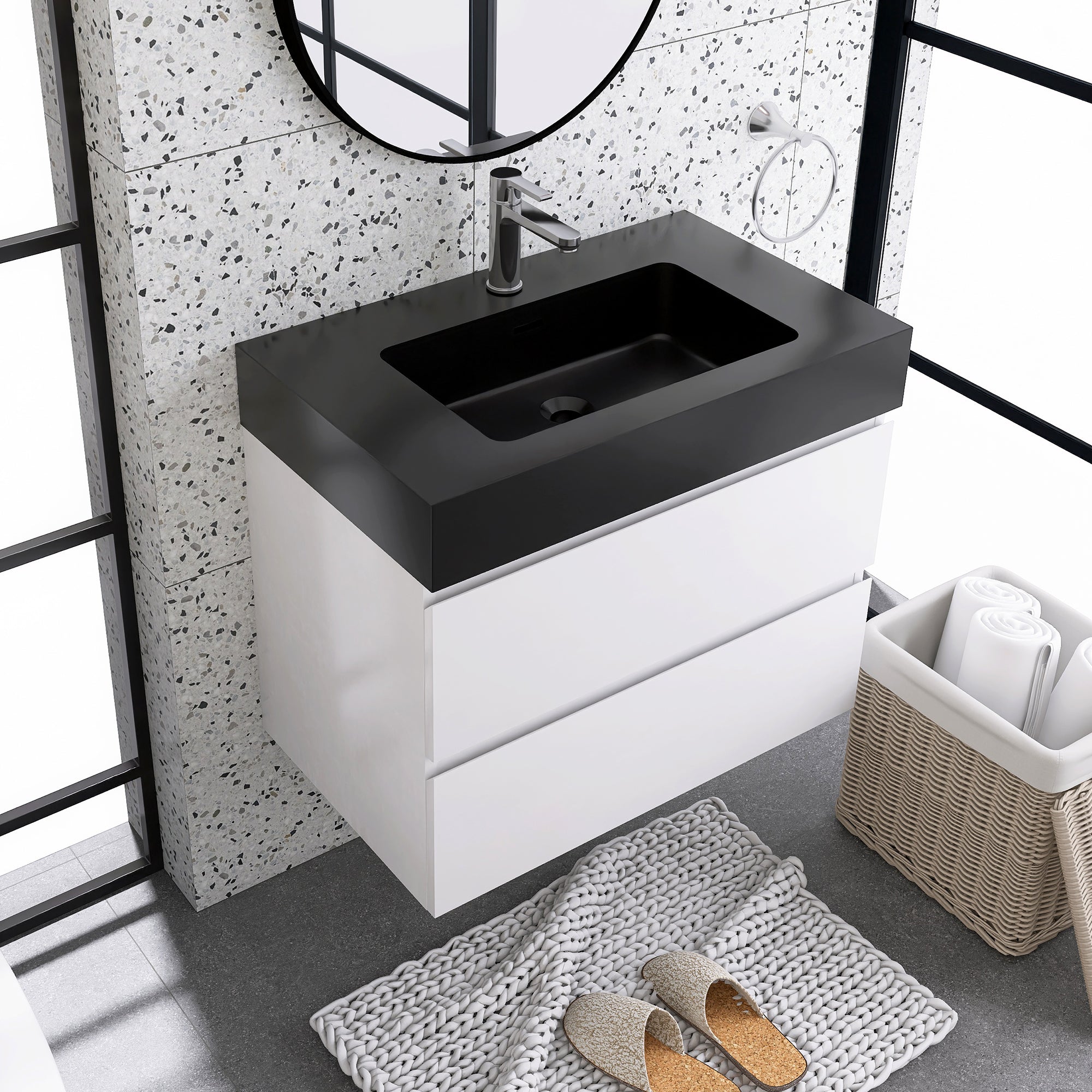 24"/30"/36" Wood Wall-Mounted Bathroom Vanity Set with Black Integrated Quartz Sand Sink