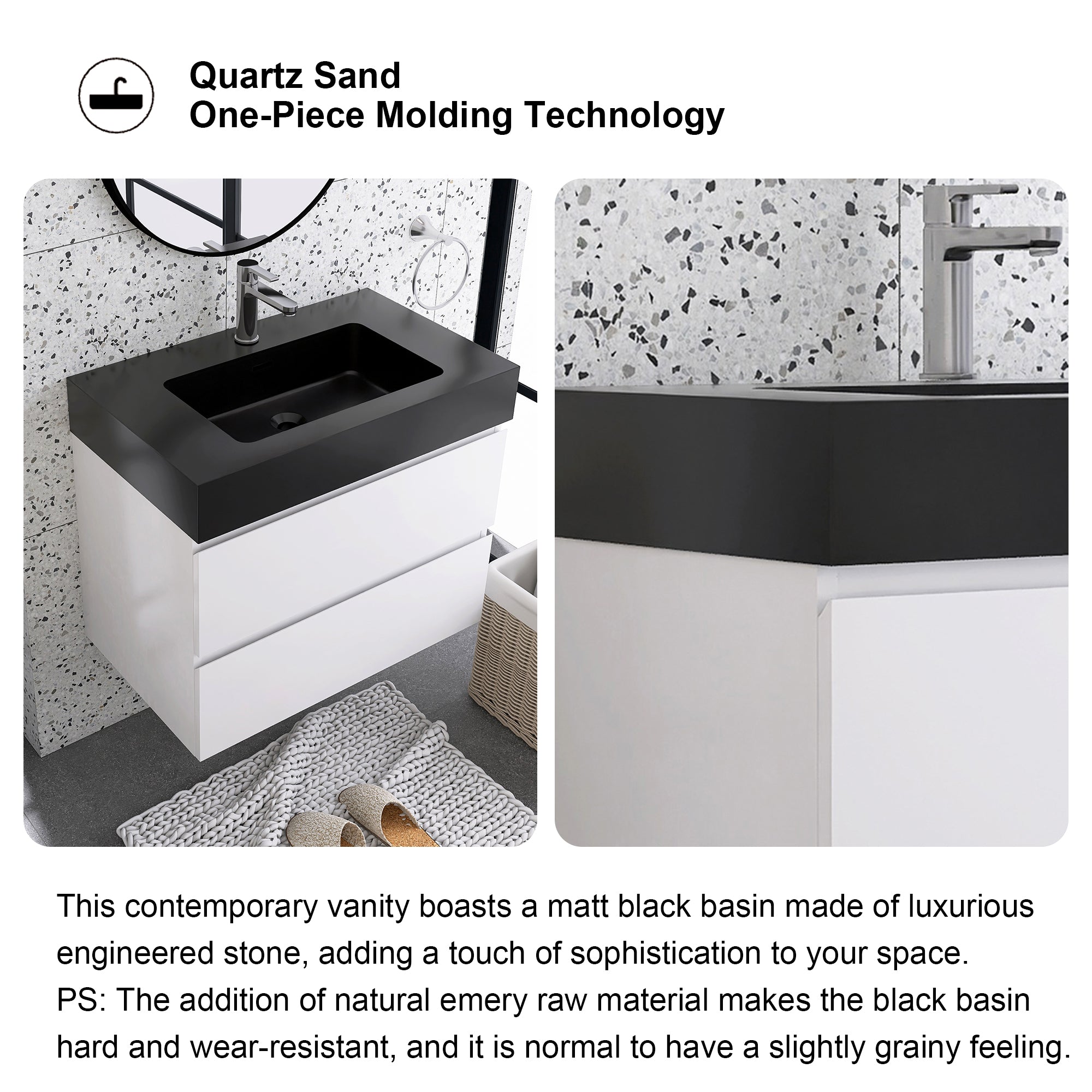 24"/30"/36" Wood Wall-Mounted Bathroom Vanity Set with Black Integrated Quartz Sand Sink