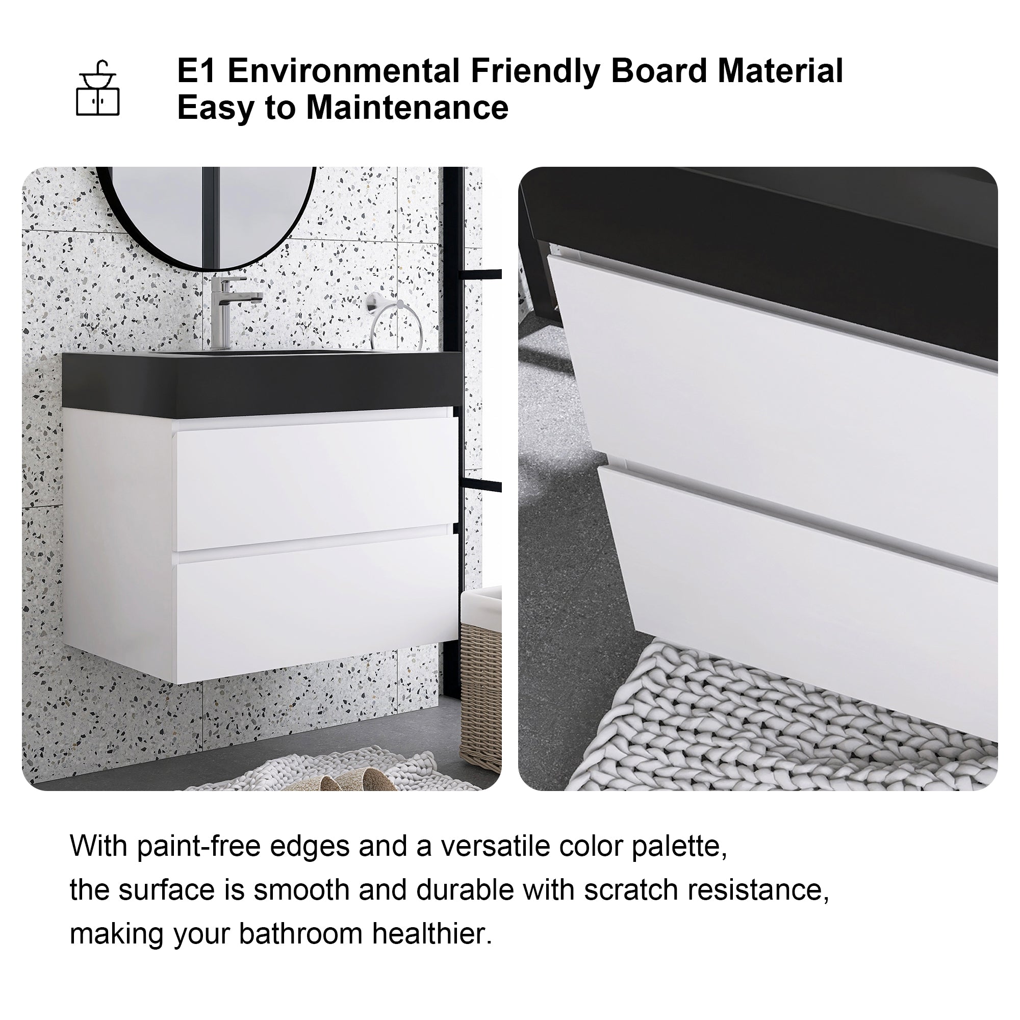 24"/30"/36" Wood Wall-Mounted Bathroom Vanity Set with Black Integrated Quartz Sand Sink