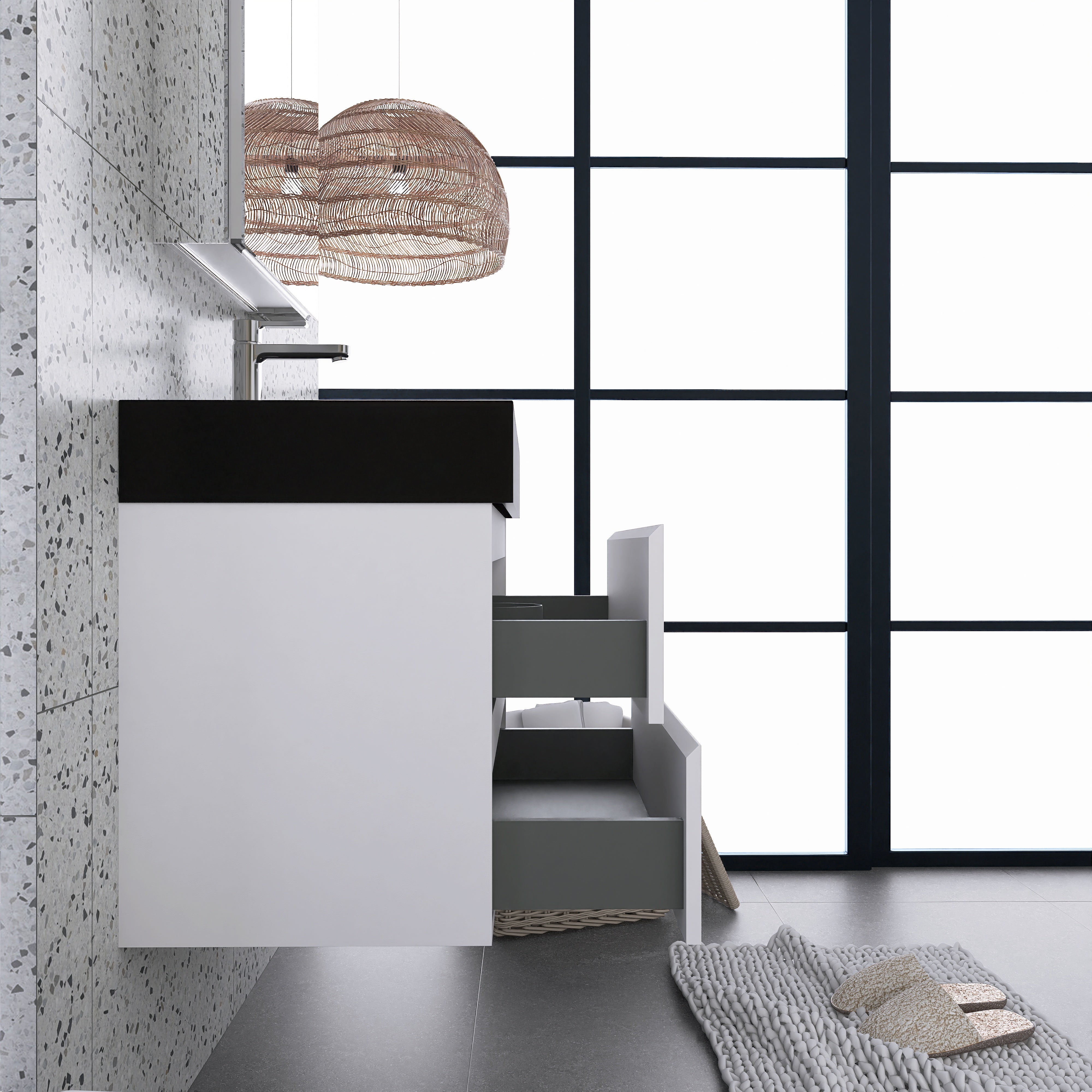 24"/30"/36" Wood Wall-Mounted Bathroom Vanity Set with Black Integrated Quartz Sand Sink