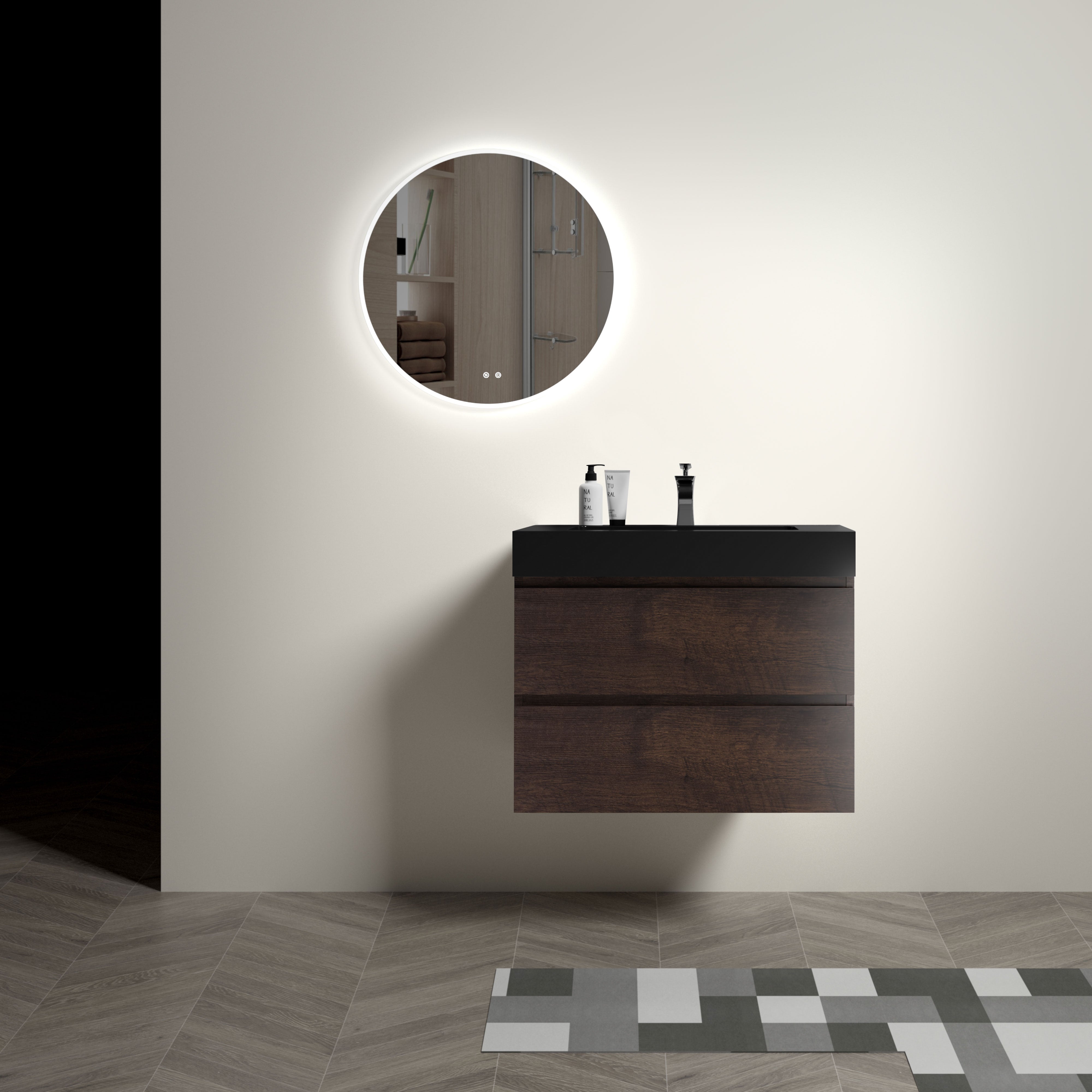 24"/30"/36" Wood Wall-Mounted Bathroom Vanity Set with Black Integrated Quartz Sand Sink