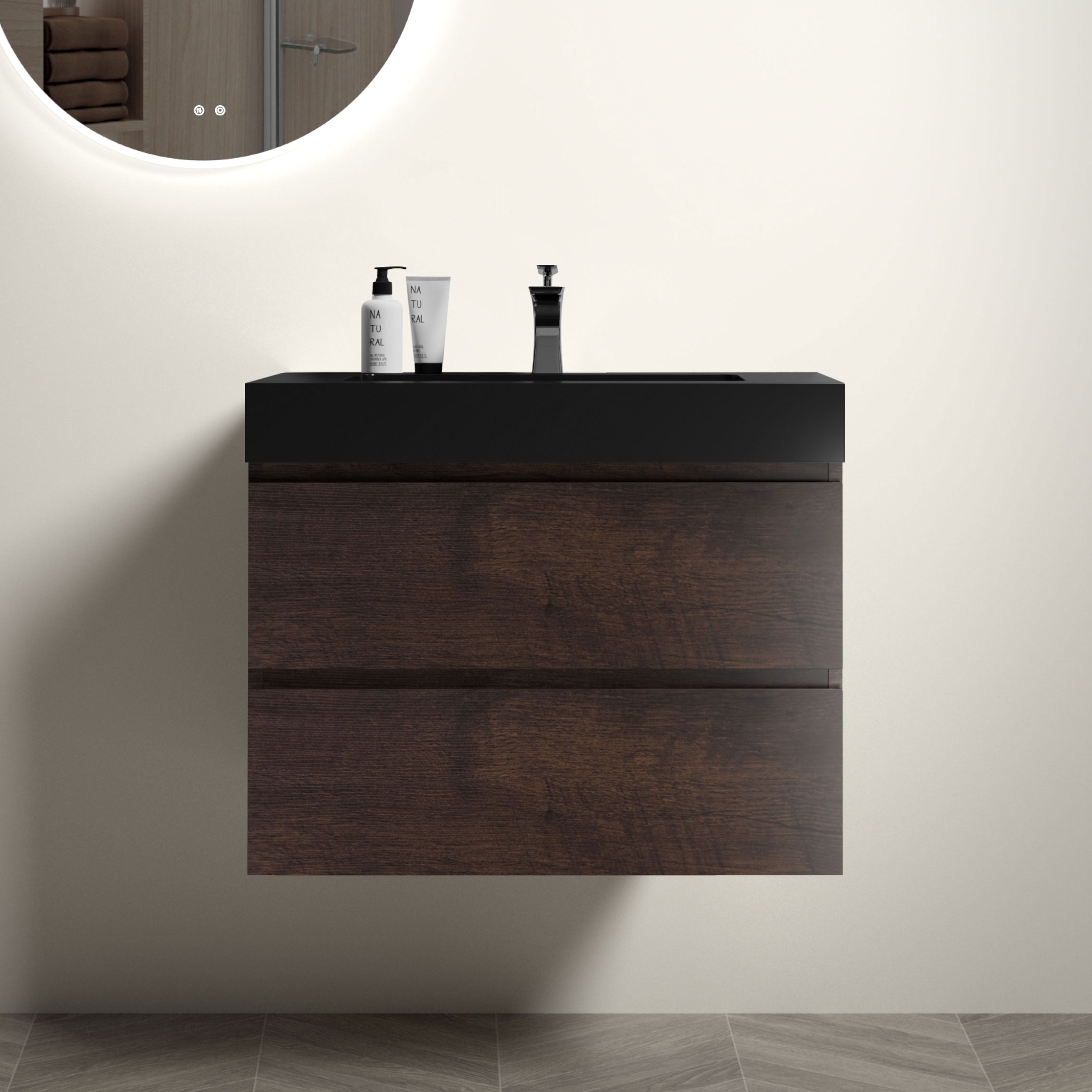 24"/30"/36" Wood Wall-Mounted Bathroom Vanity Set with Black Integrated Quartz Sand Sink