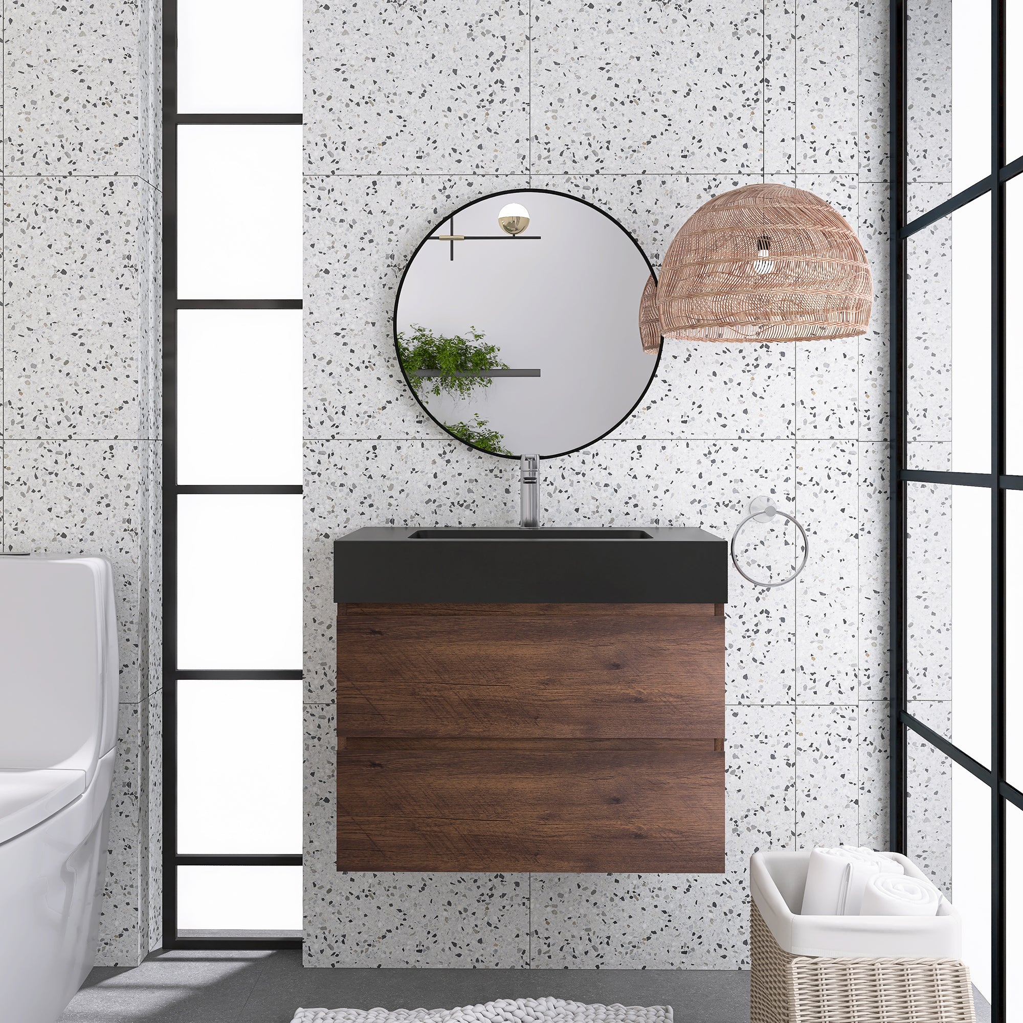 24"/30"/36" Wood Wall-Mounted Bathroom Vanity Set with Black Integrated Quartz Sand Sink