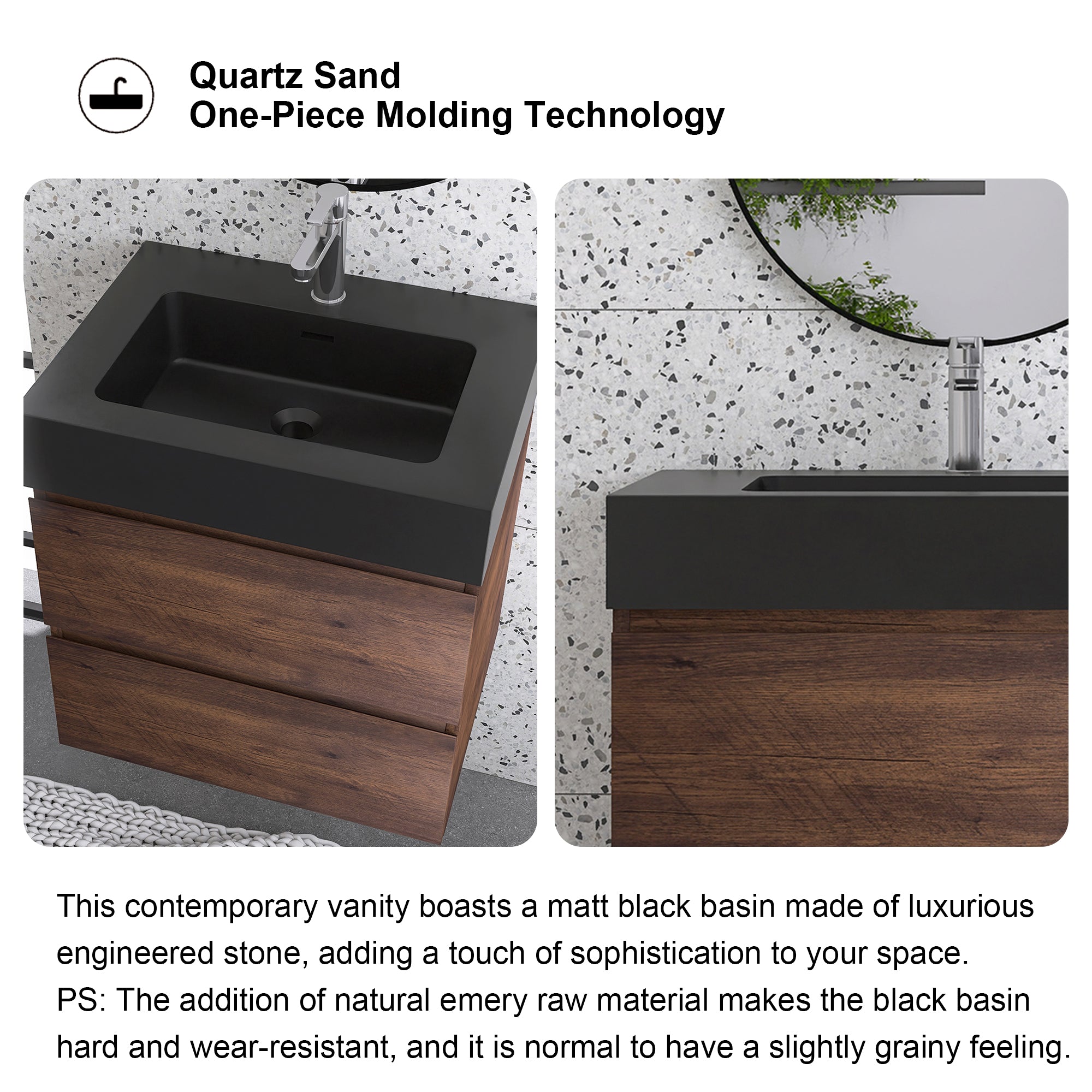 24"/30"/36" Wood Wall-Mounted Bathroom Vanity Set with Black Integrated Quartz Sand Sink