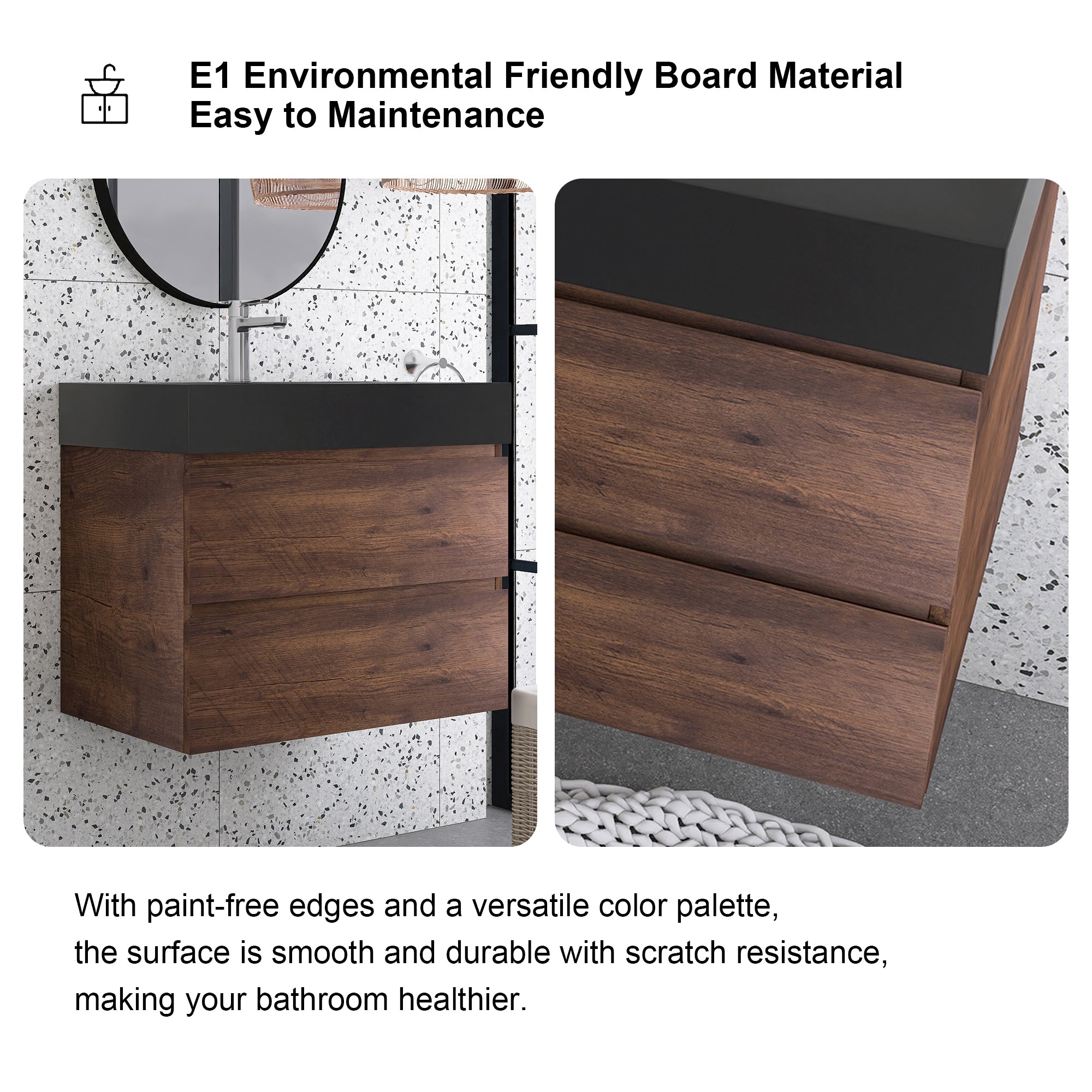 24"/30"/36" Wood Wall-Mounted Bathroom Vanity Set with Black Integrated Quartz Sand Sink