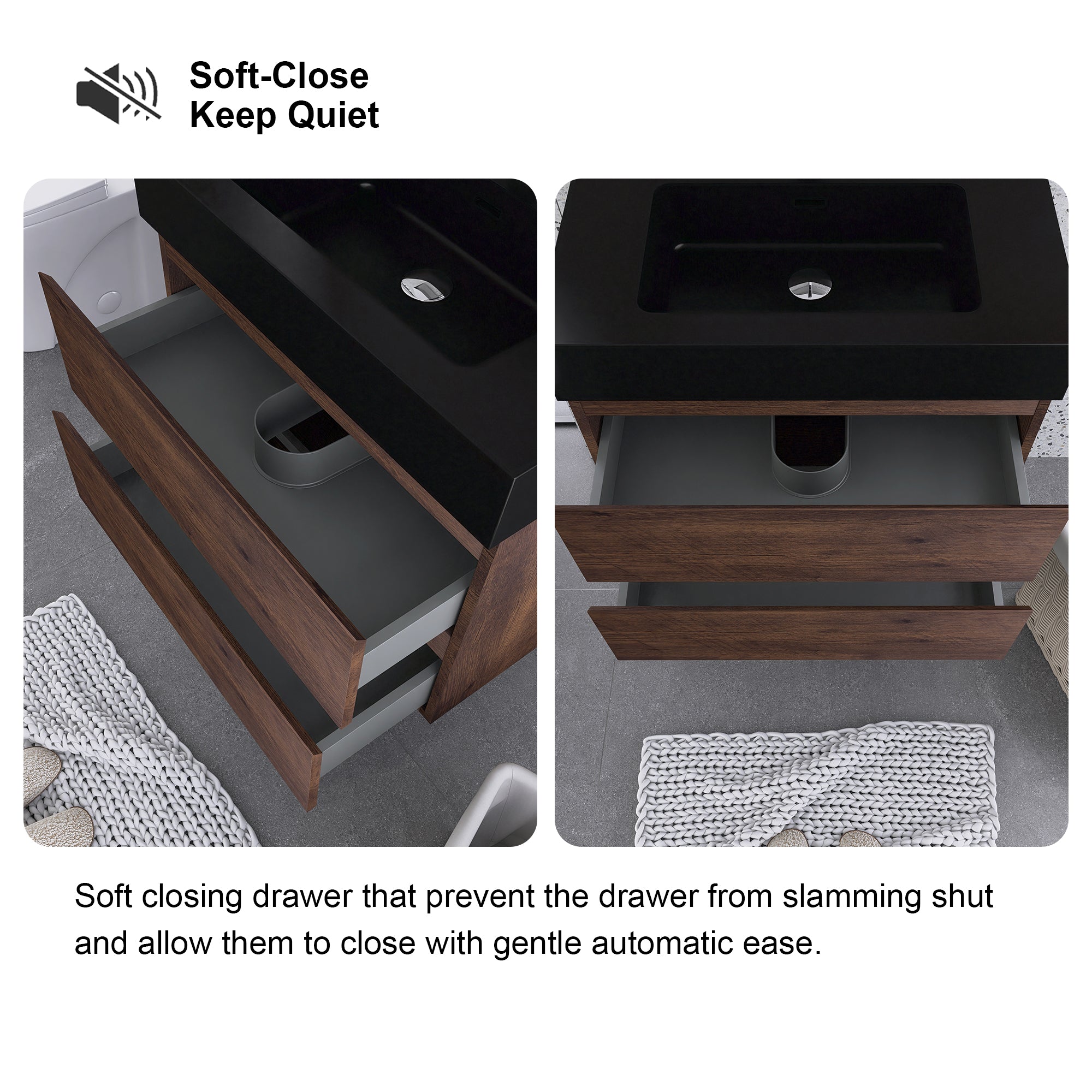24"/30"/36" Wood Wall-Mounted Bathroom Vanity Set with Black Integrated Quartz Sand Sink