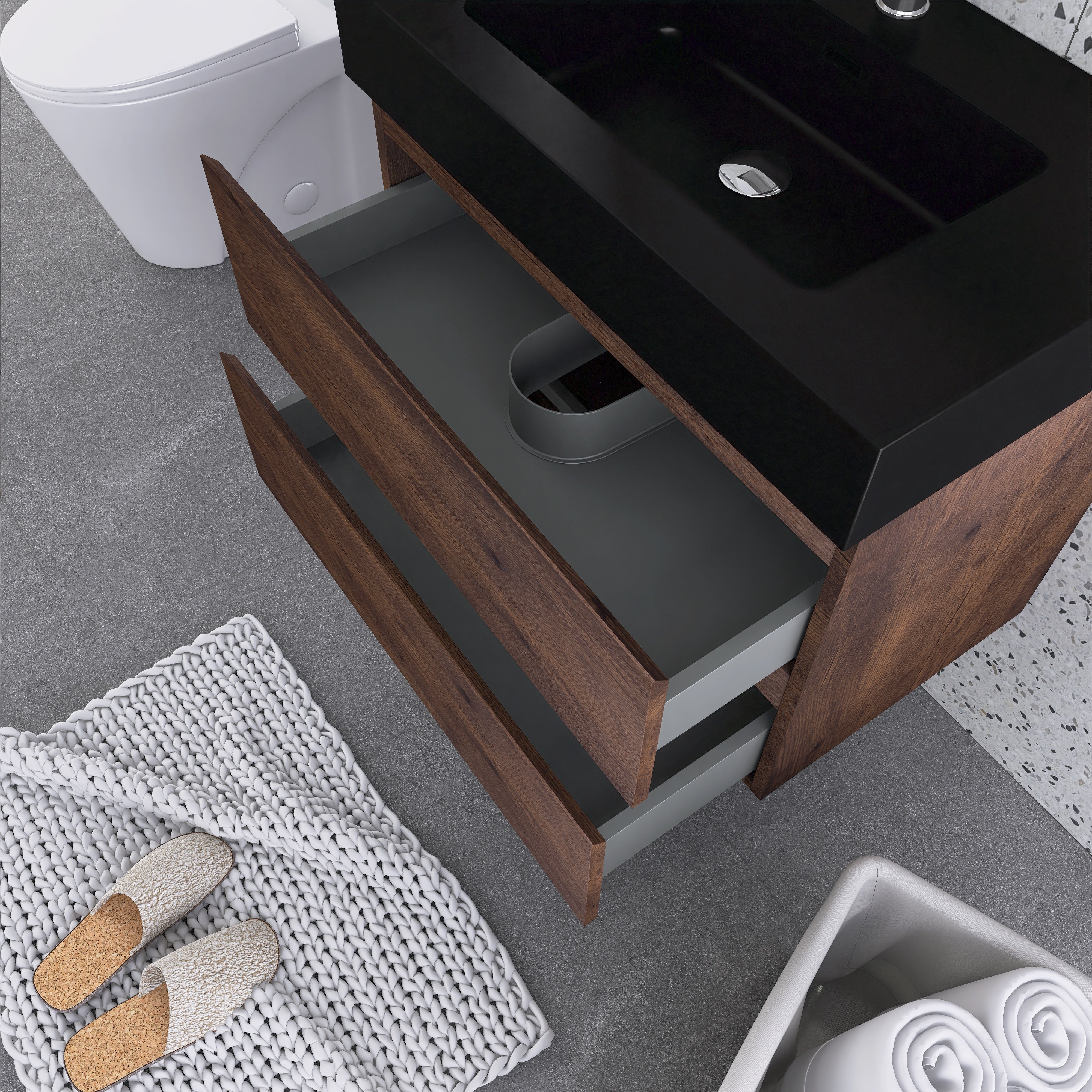 24"/30"/36" Wood Wall-Mounted Bathroom Vanity Set with Black Integrated Quartz Sand Sink