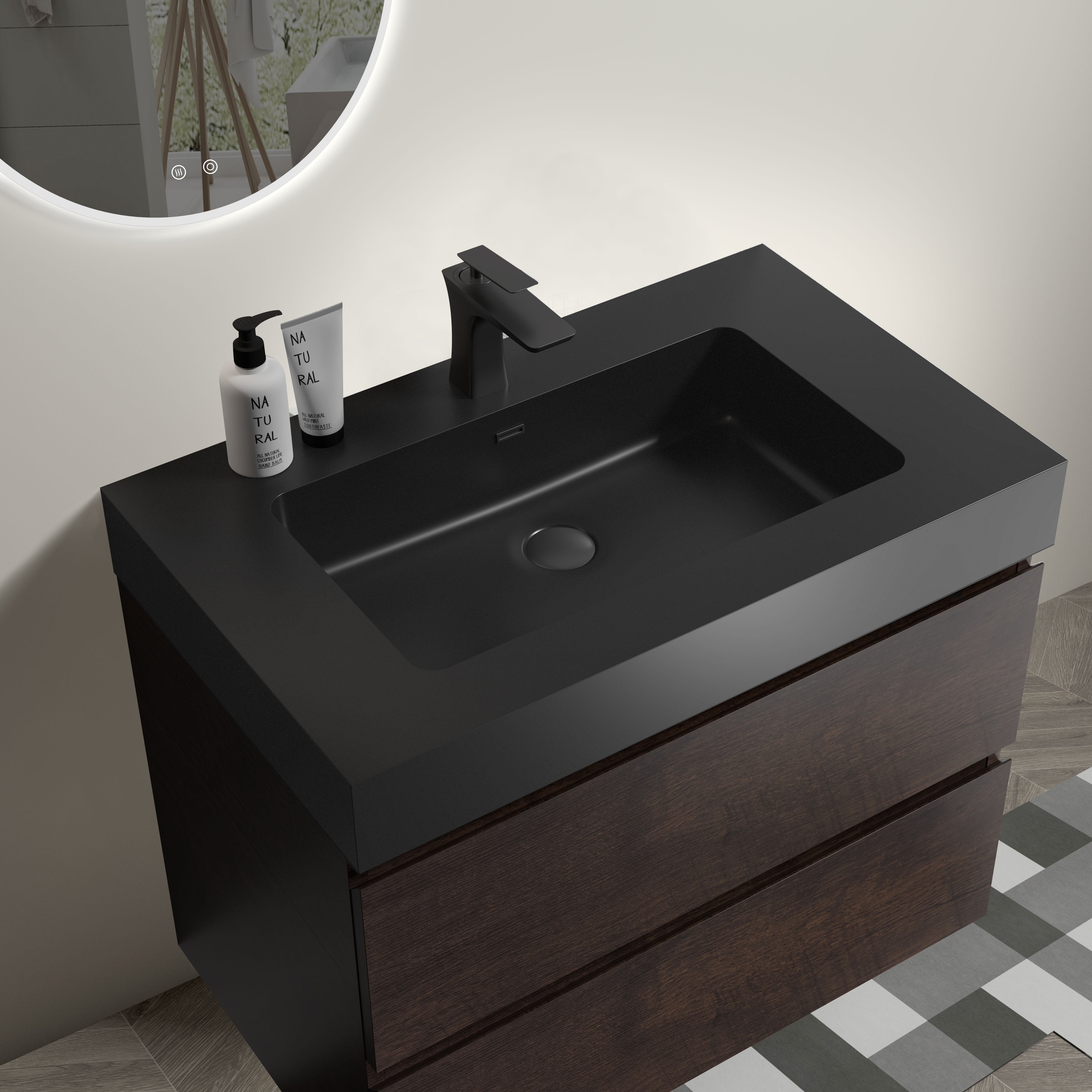 24"/30"/36" Wood Wall-Mounted Bathroom Vanity Set with Black Integrated Quartz Sand Sink