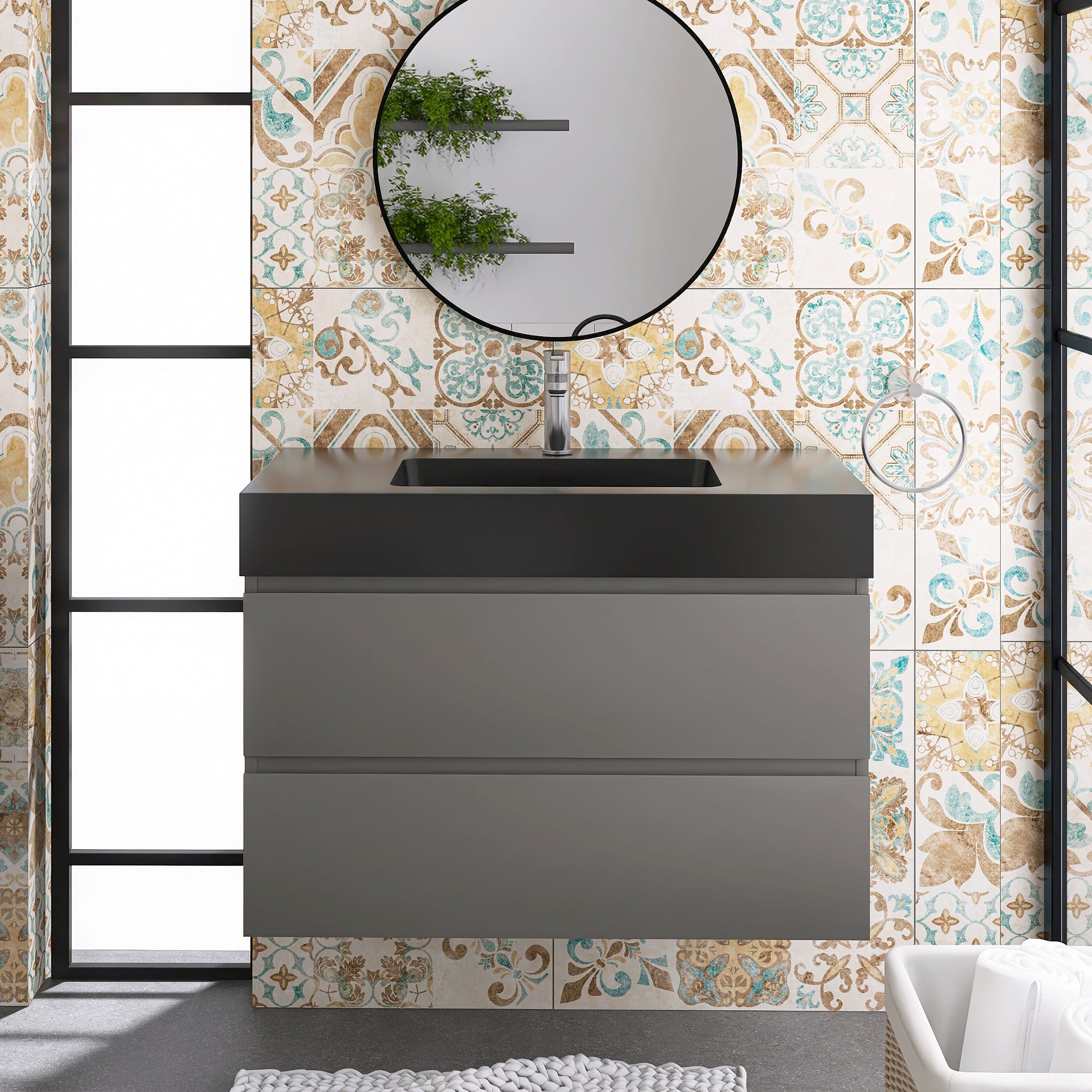24"/30"/36" Wood Wall-Mounted Bathroom Vanity Set with Black Integrated Quartz Sand Sink