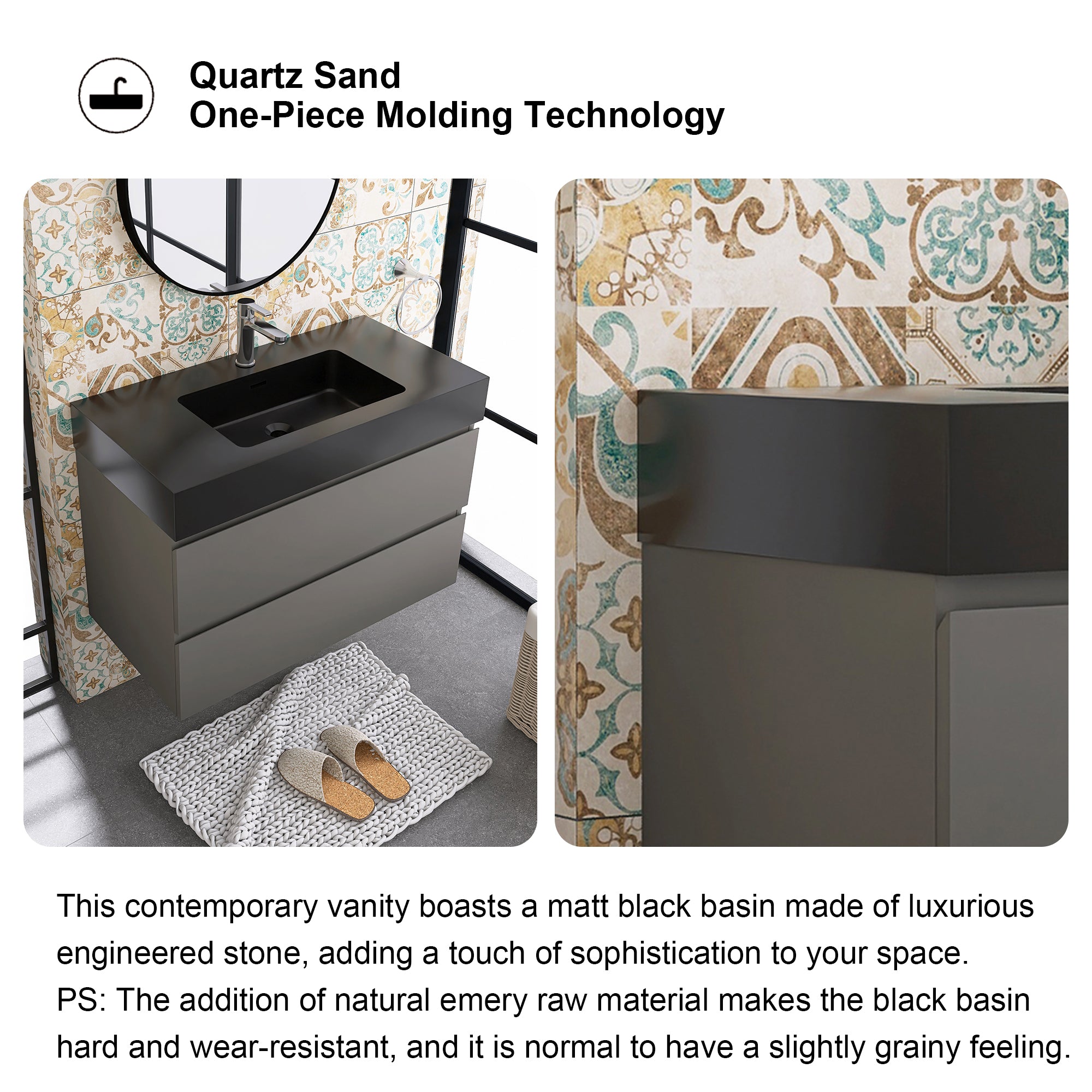 24"/30"/36" Wood Wall-Mounted Bathroom Vanity Set with Black Integrated Quartz Sand Sink