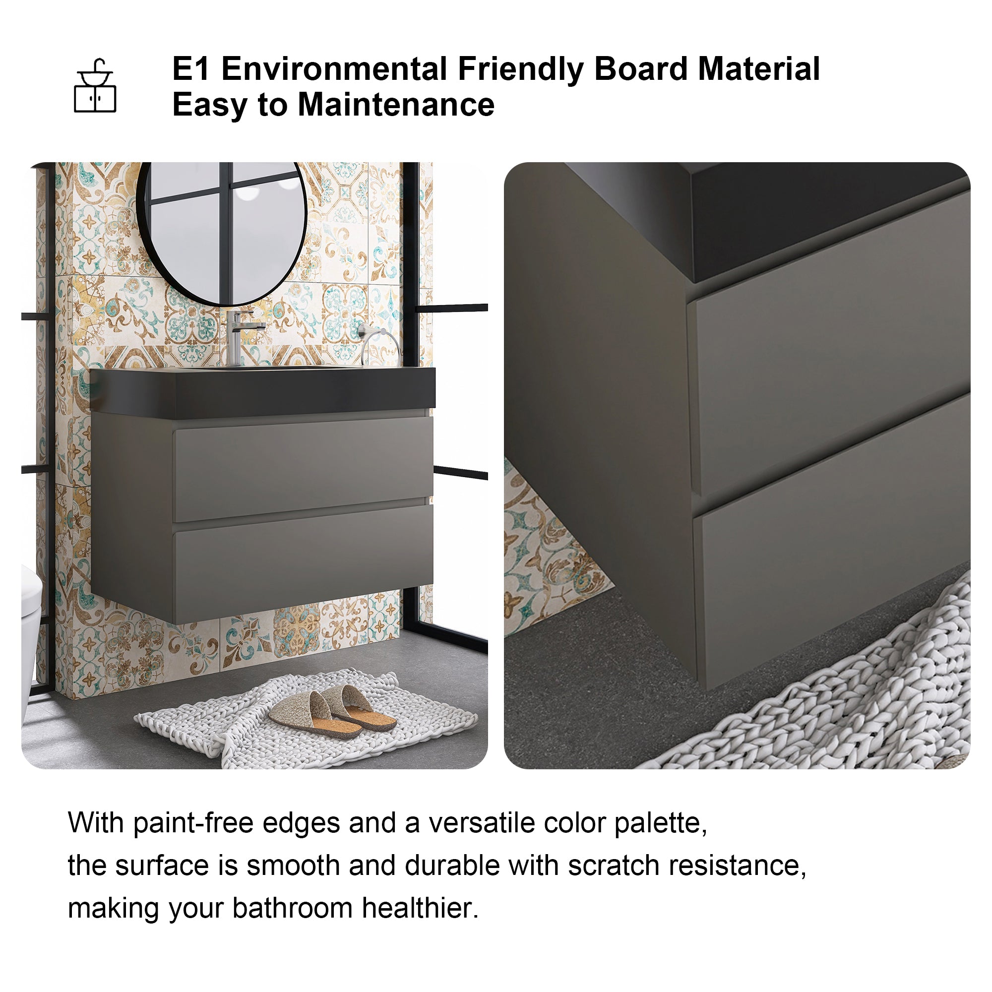 24"/30"/36" Wood Wall-Mounted Bathroom Vanity Set with Black Integrated Quartz Sand Sink