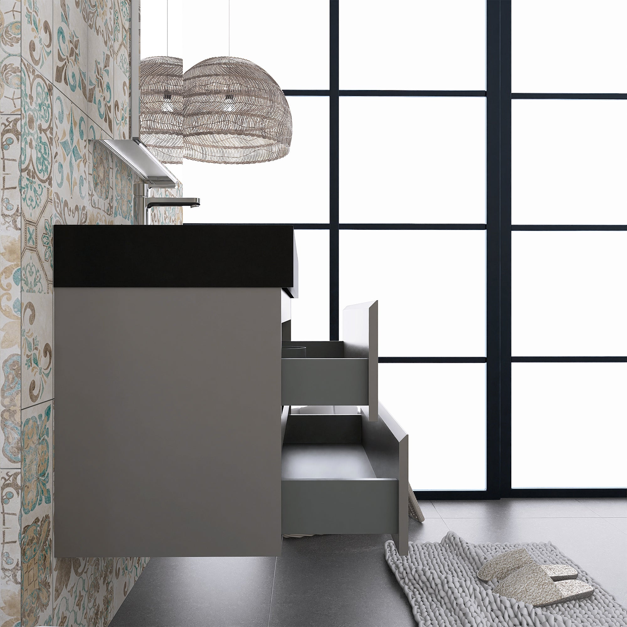 24"/30"/36" Wood Wall-Mounted Bathroom Vanity Set with Black Integrated Quartz Sand Sink