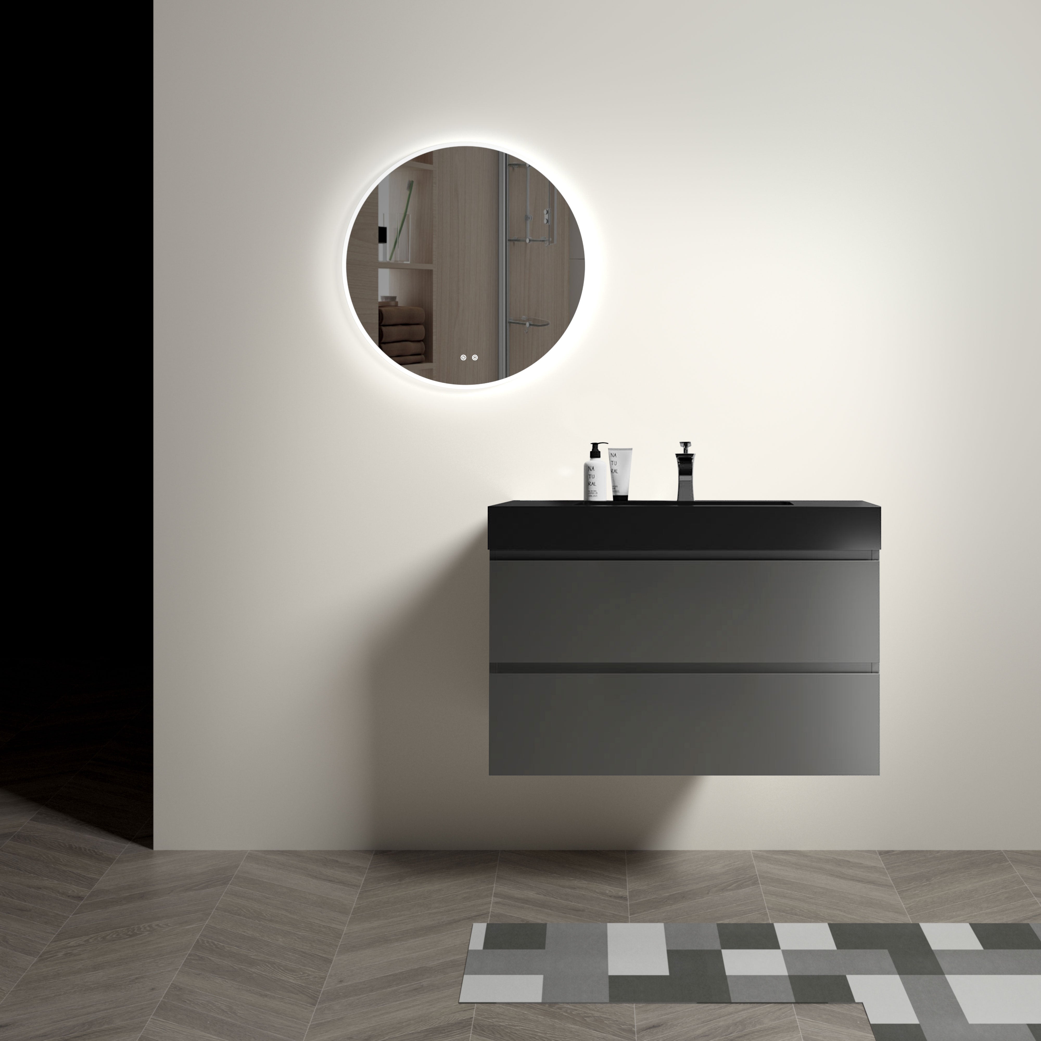 24"/30"/36" Wood Wall-Mounted Bathroom Vanity Set with Black Integrated Quartz Sand Sink