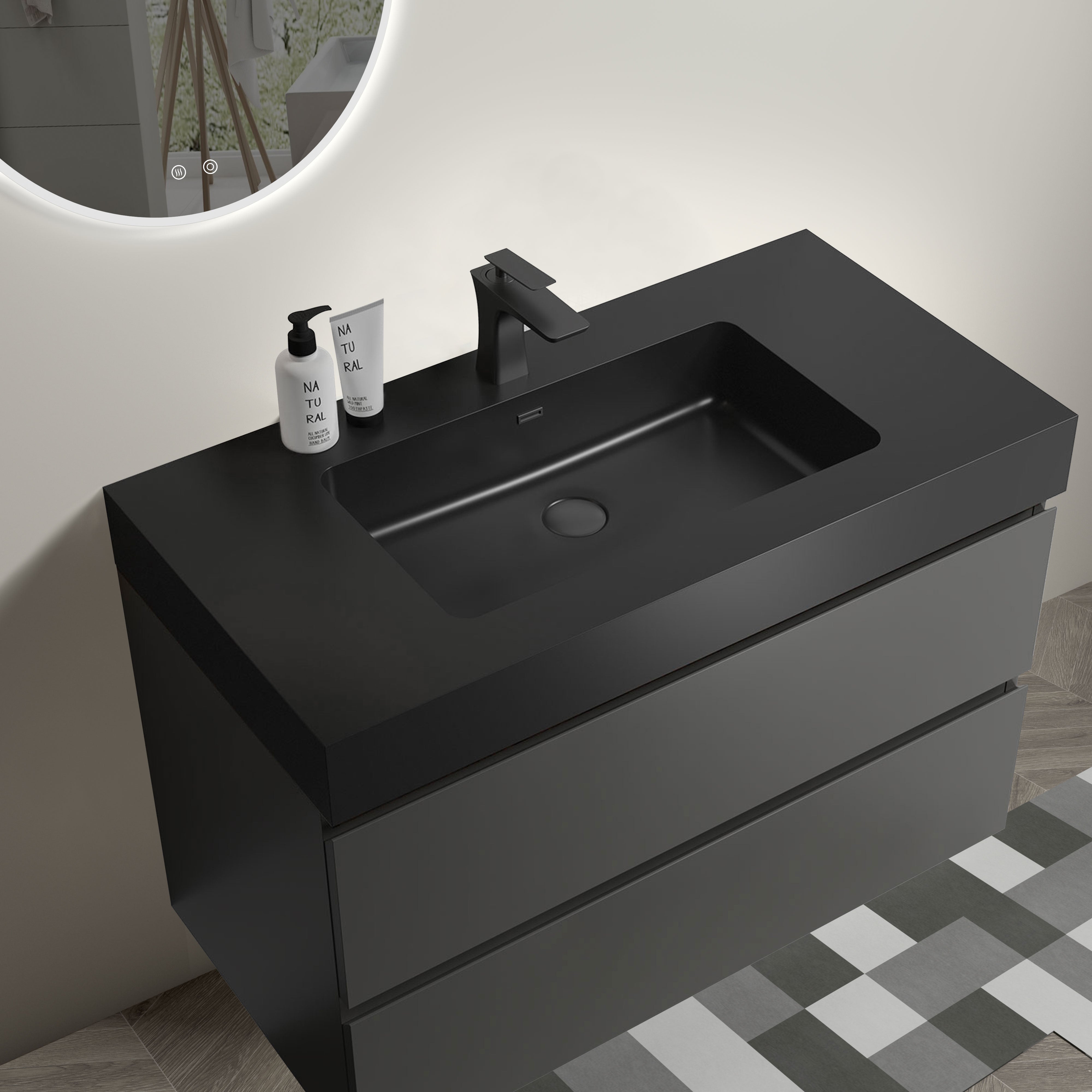 24"/30"/36" Wood Wall-Mounted Bathroom Vanity Set with Black Integrated Quartz Sand Sink