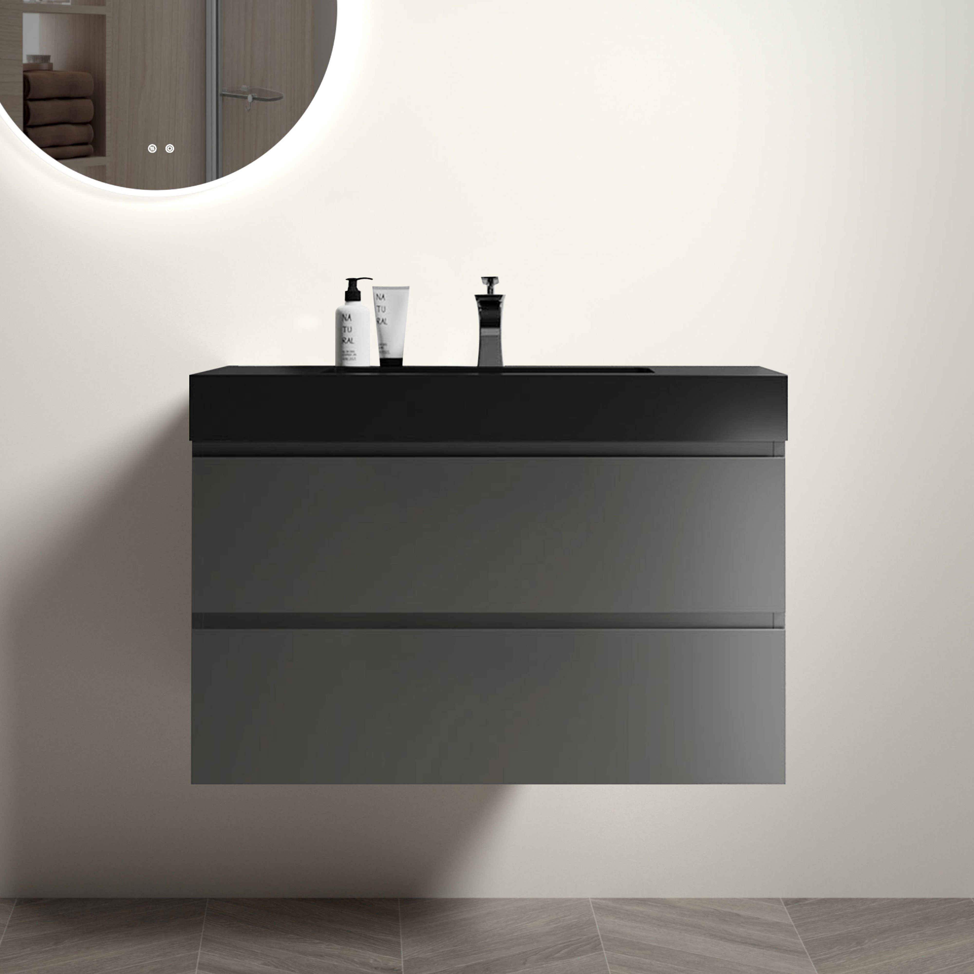 24"/30"/36" Wood Wall-Mounted Bathroom Vanity Set with Black Integrated Quartz Sand Sink