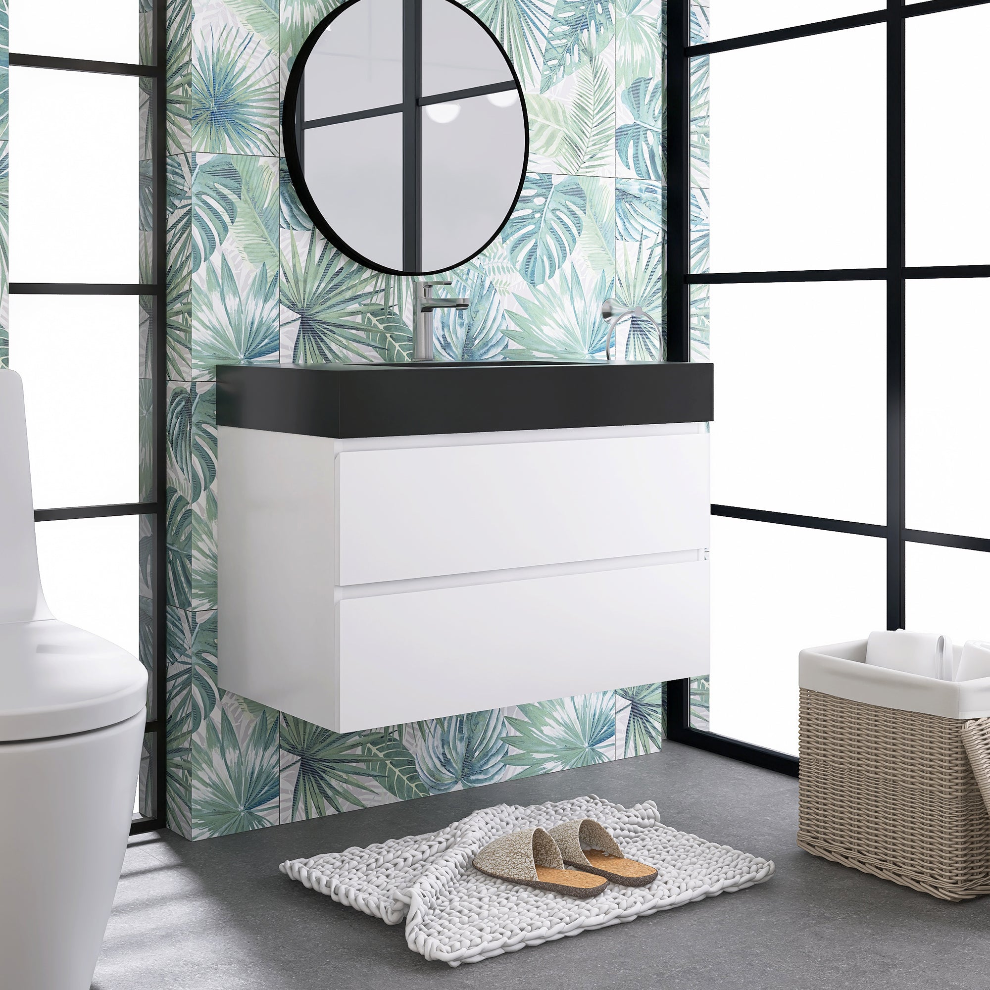24"/30"/36" Wood Wall-Mounted Bathroom Vanity Set with Black Integrated Quartz Sand Sink