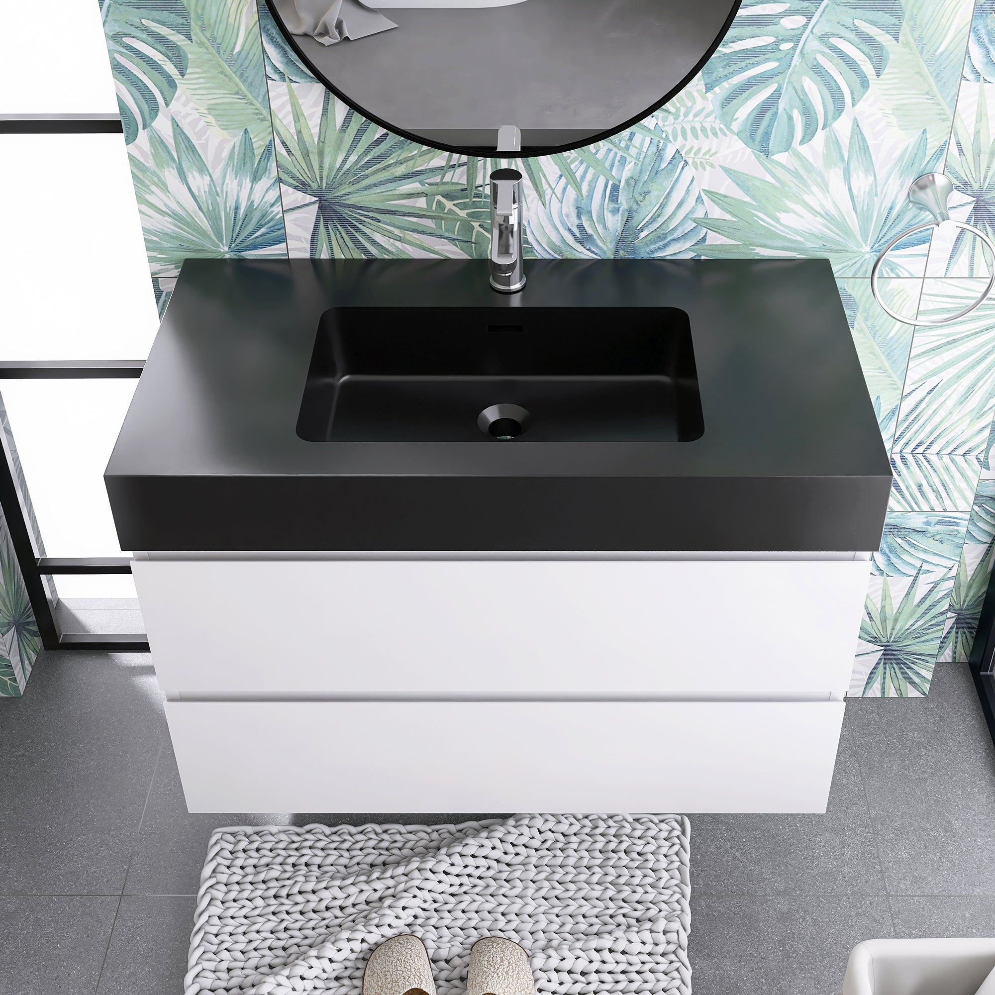 24"/30"/36" Wood Wall-Mounted Bathroom Vanity Set with Black Integrated Quartz Sand Sink