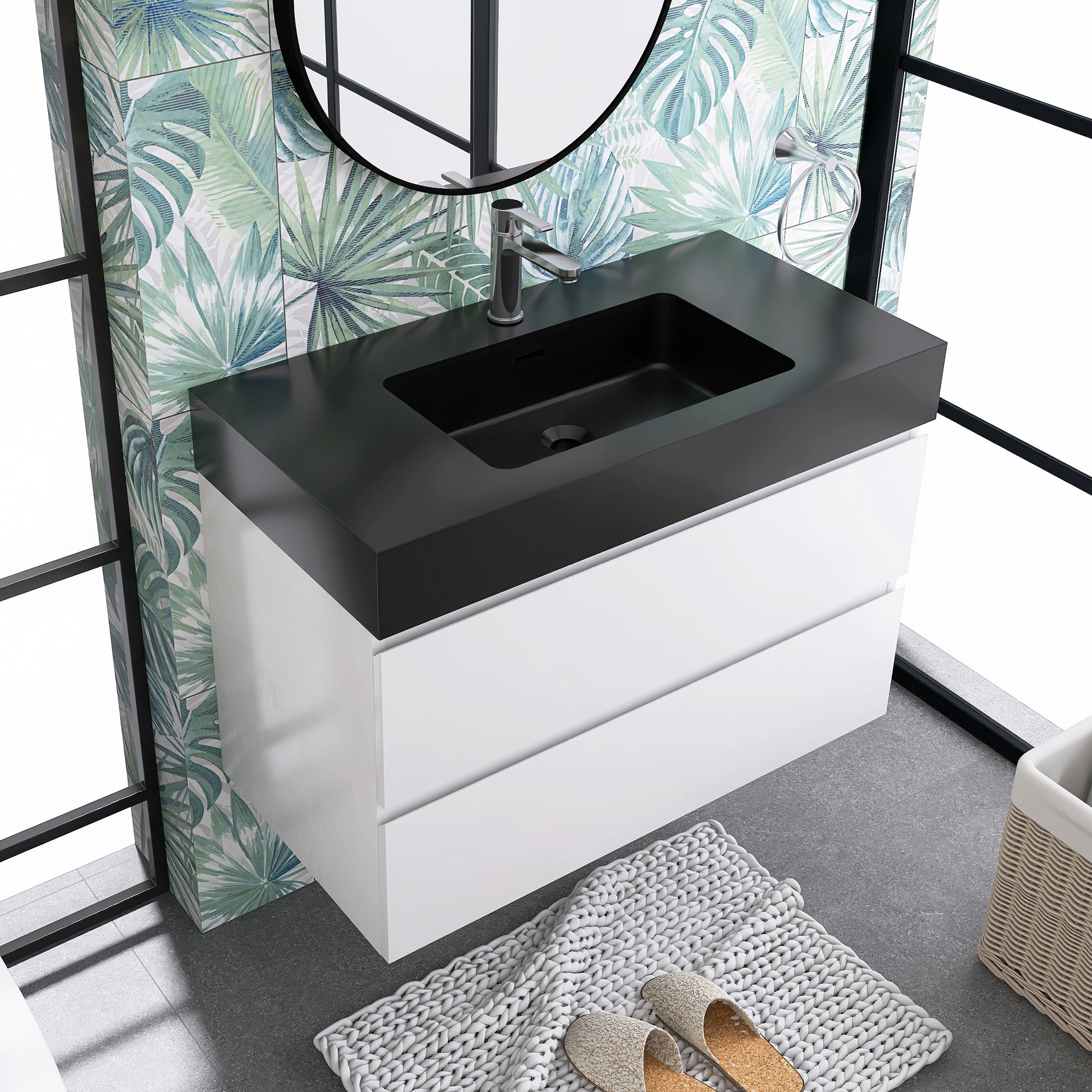 24"/30"/36" Wood Wall-Mounted Bathroom Vanity Set with Black Integrated Quartz Sand Sink