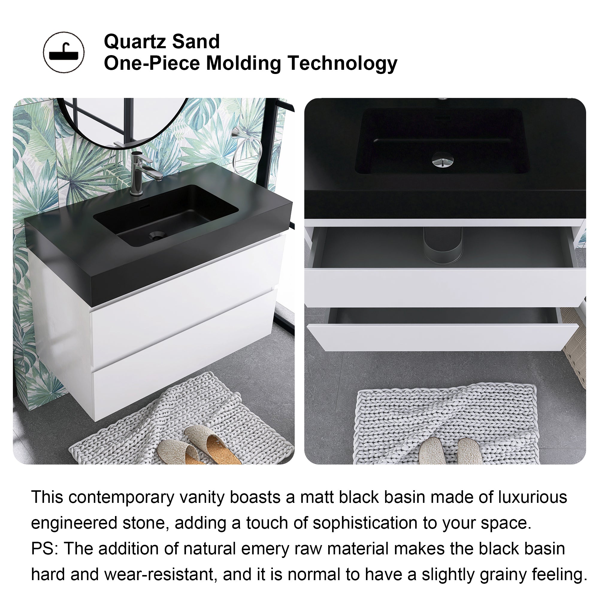 24"/30"/36" Wood Wall-Mounted Bathroom Vanity Set with Black Integrated Quartz Sand Sink