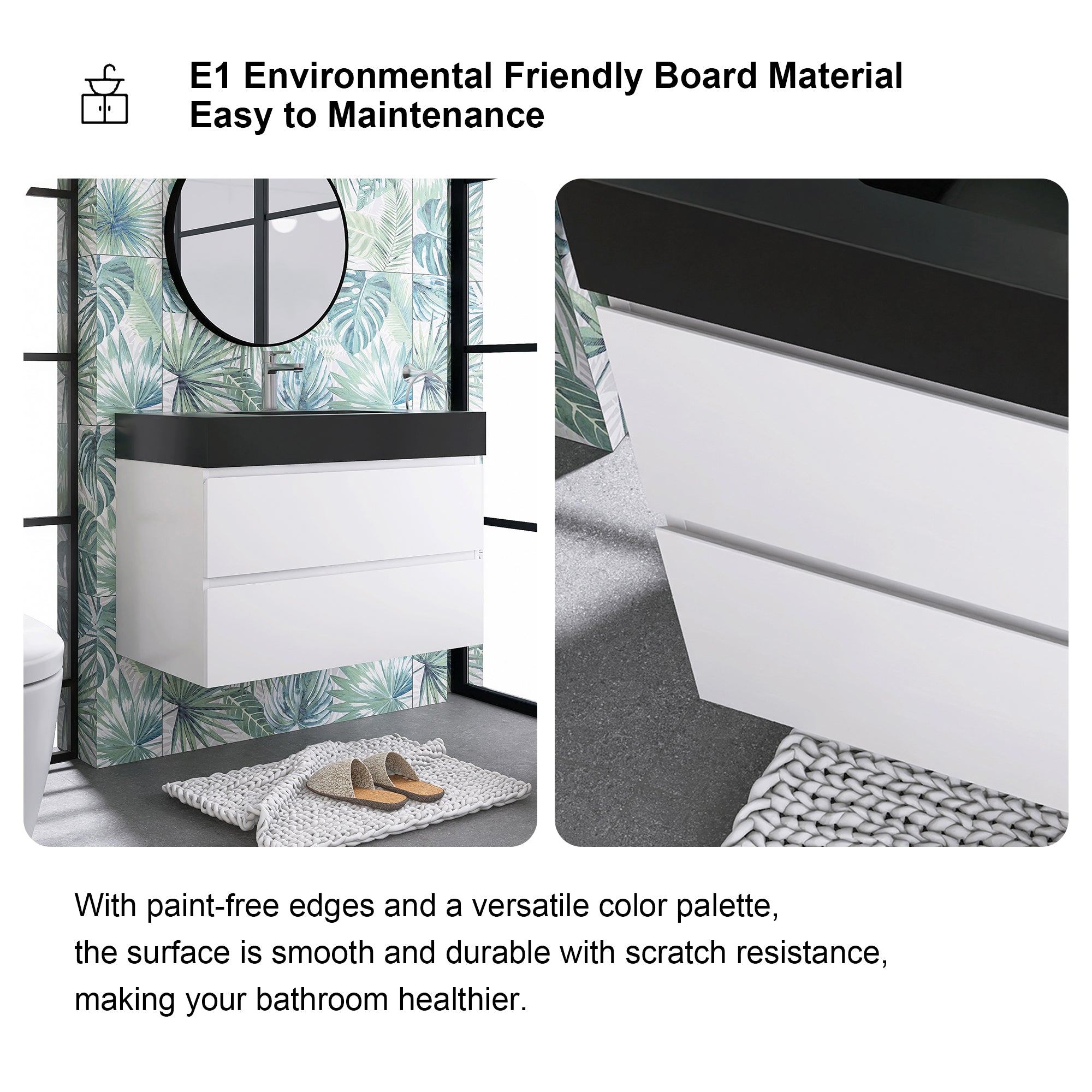 24"/30"/36" Wood Wall-Mounted Bathroom Vanity Set with Black Integrated Quartz Sand Sink