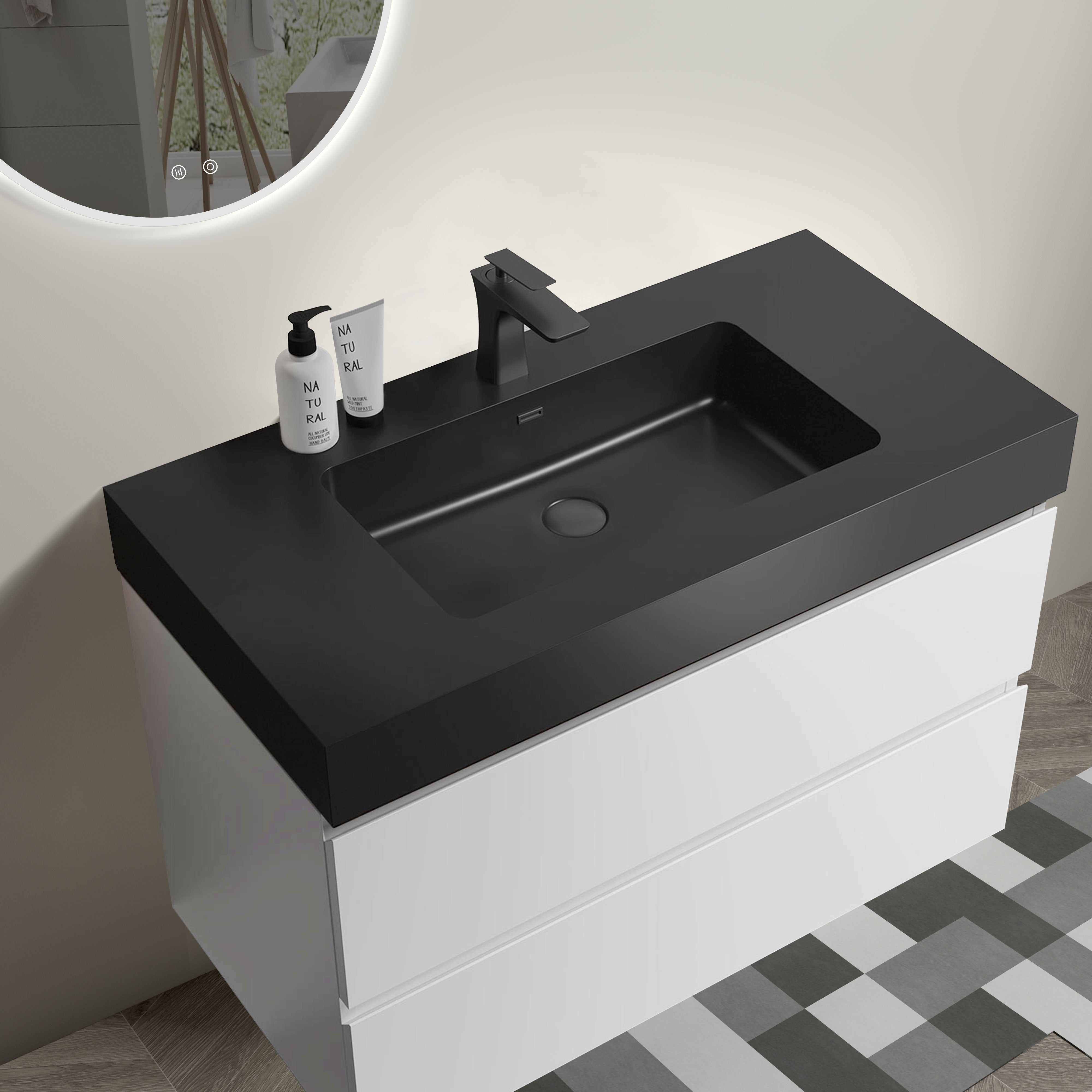 24"/30"/36" Wood Wall-Mounted Bathroom Vanity Set with Black Integrated Quartz Sand Sink