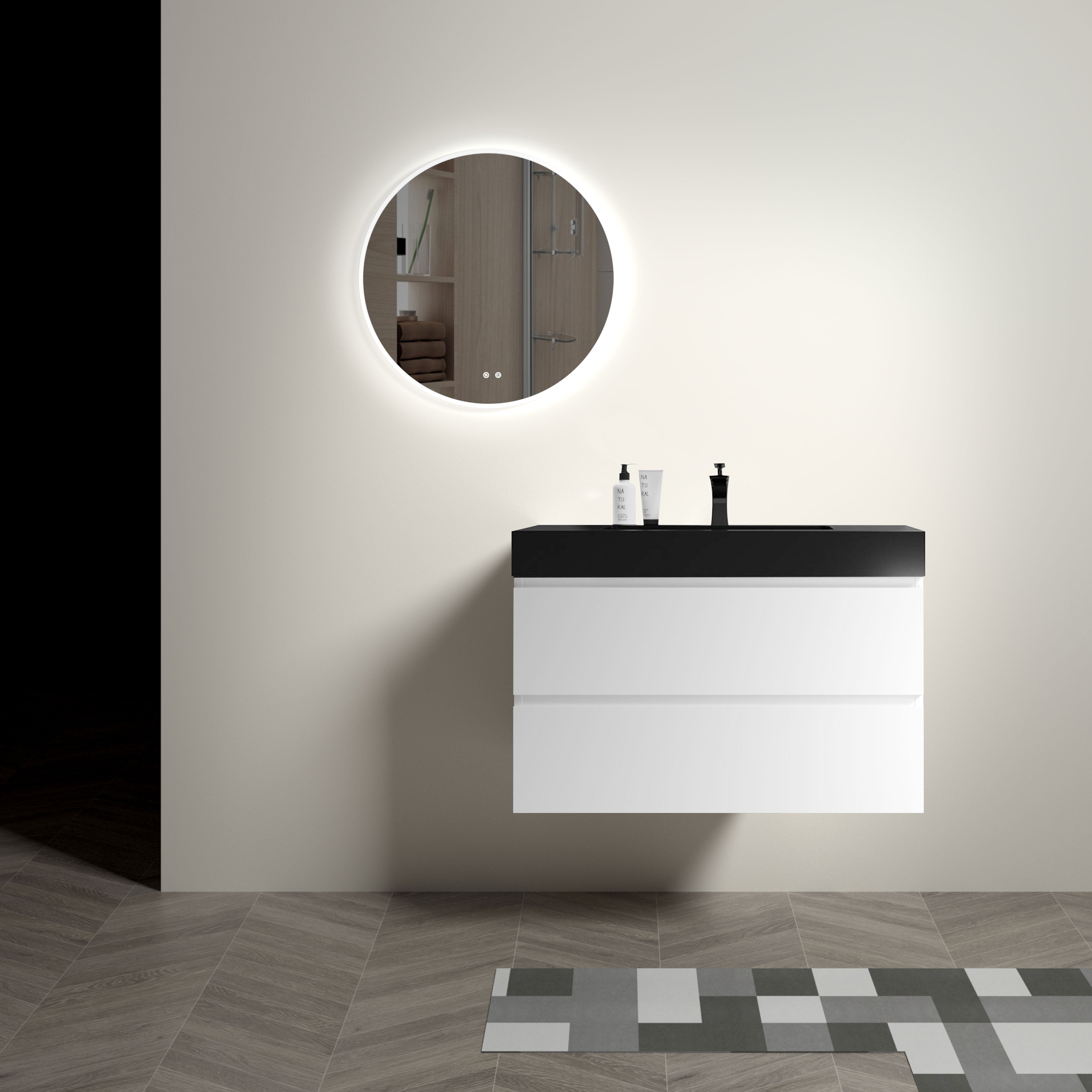 24"/30"/36" Wood Wall-Mounted Bathroom Vanity Set with Black Integrated Quartz Sand Sink