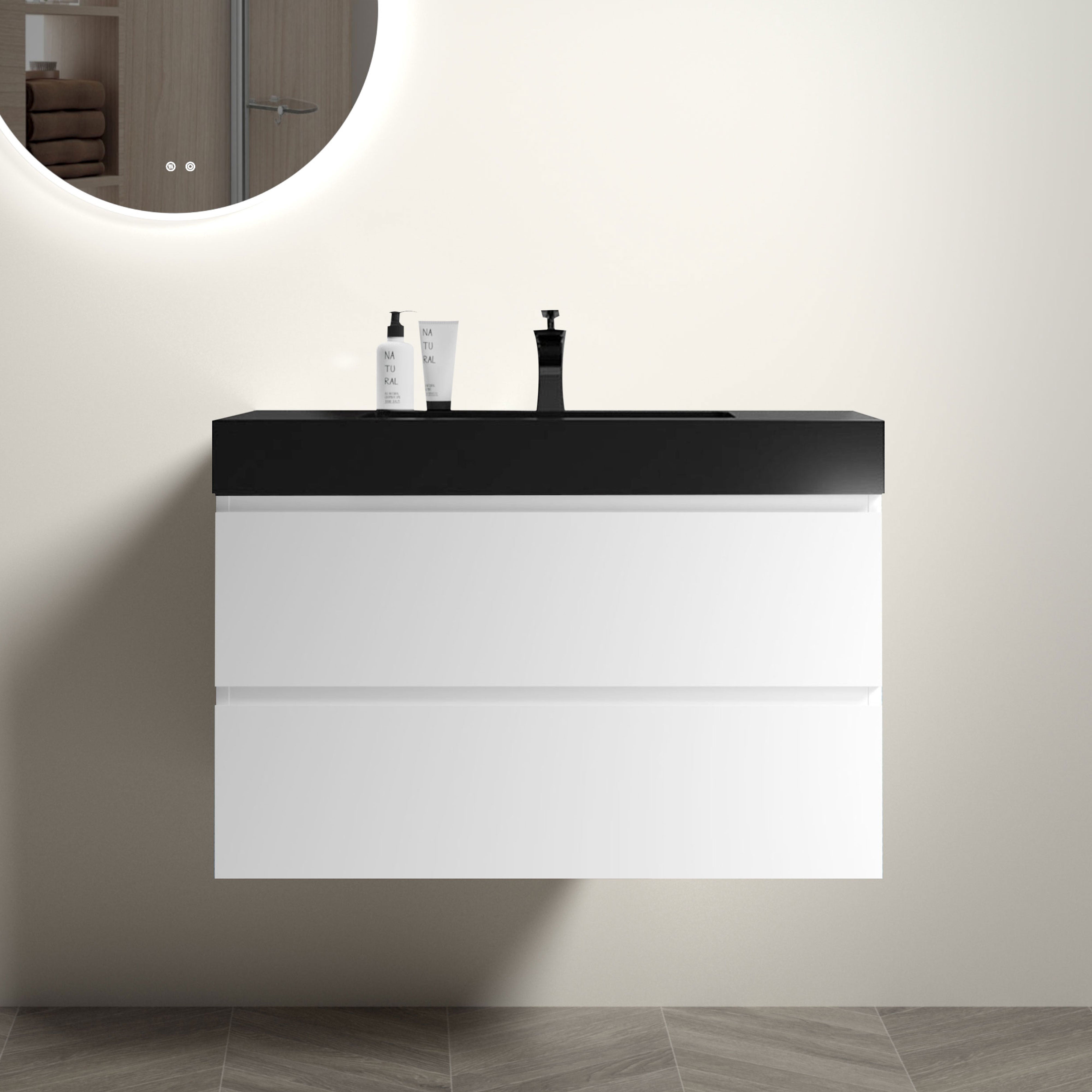 24"/30"/36" Wood Wall-Mounted Bathroom Vanity Set with Black Integrated Quartz Sand Sink