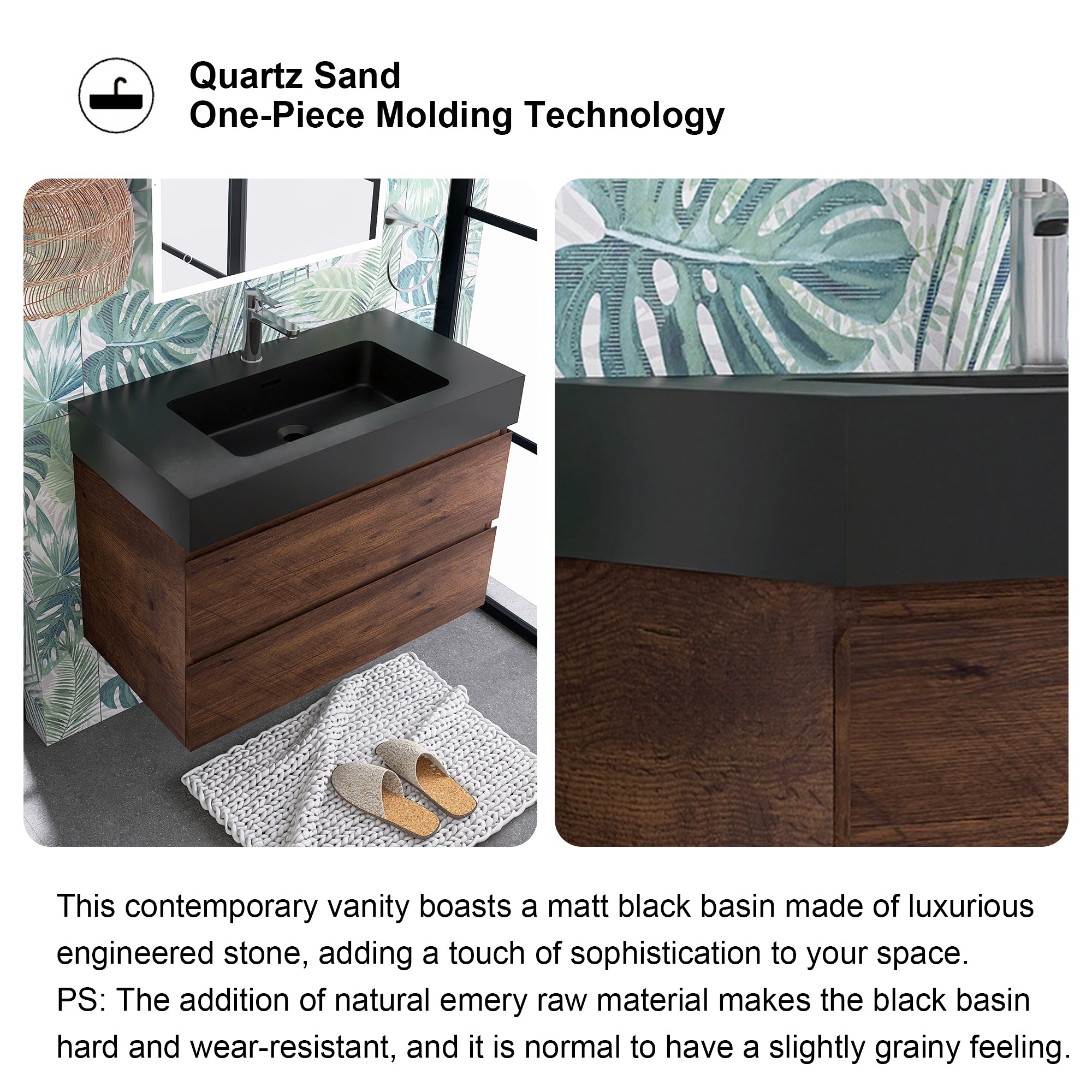 24"/30"/36" Wood Wall-Mounted Bathroom Vanity Set with Black Integrated Quartz Sand Sink