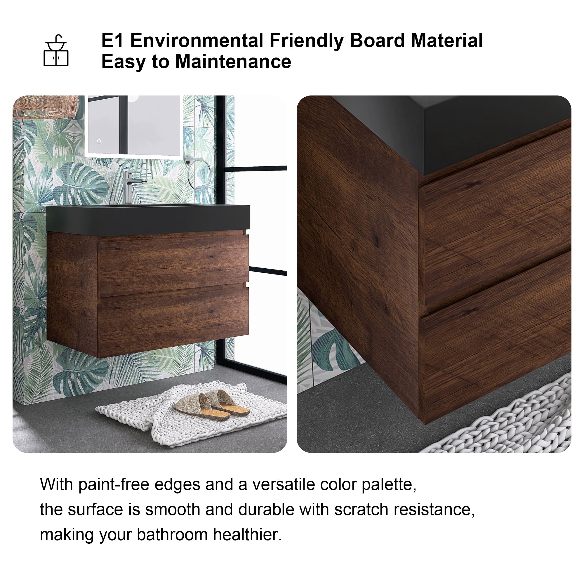 24"/30"/36" Wood Wall-Mounted Bathroom Vanity Set with Black Integrated Quartz Sand Sink