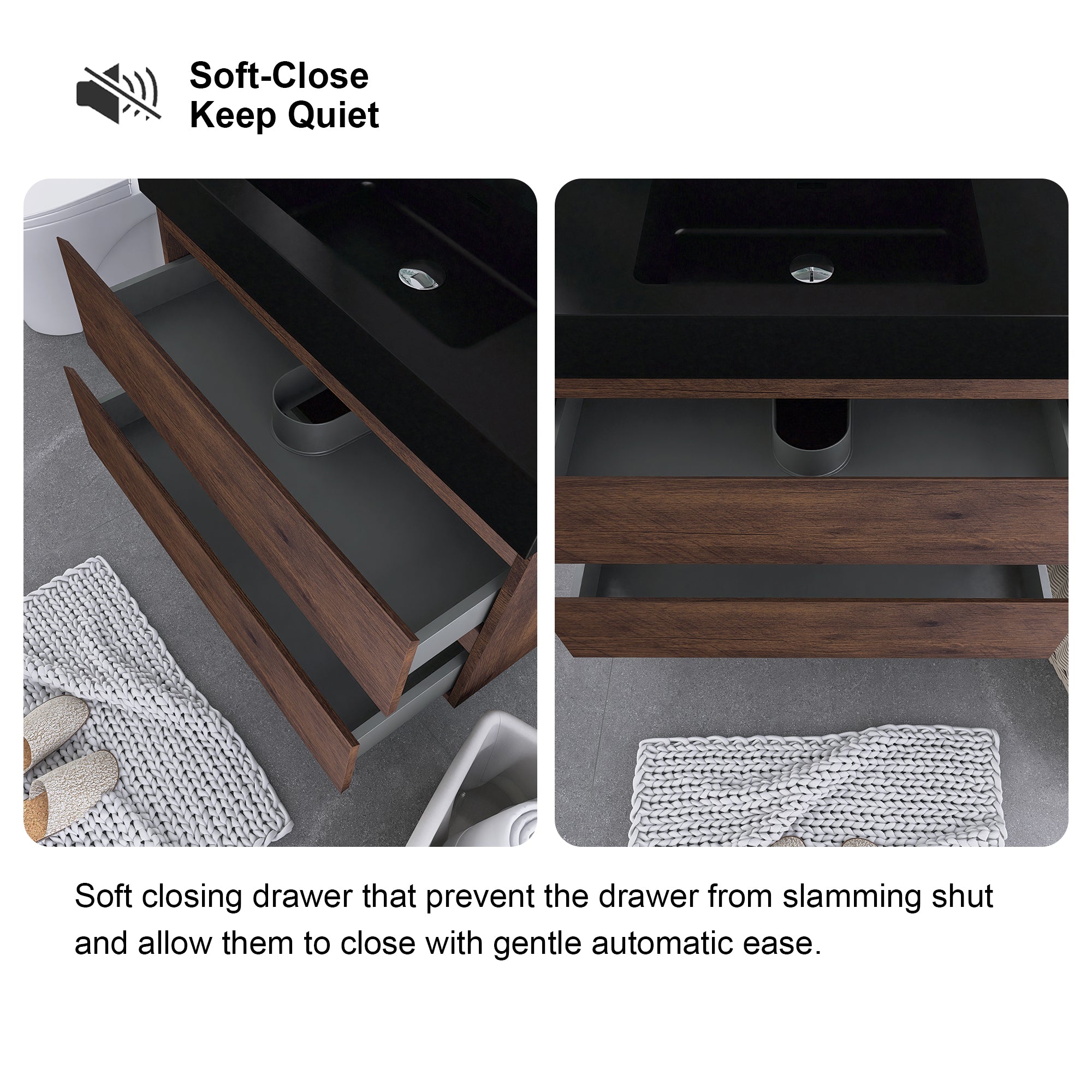 24"/30"/36" Wood Wall-Mounted Bathroom Vanity Set with Black Integrated Quartz Sand Sink