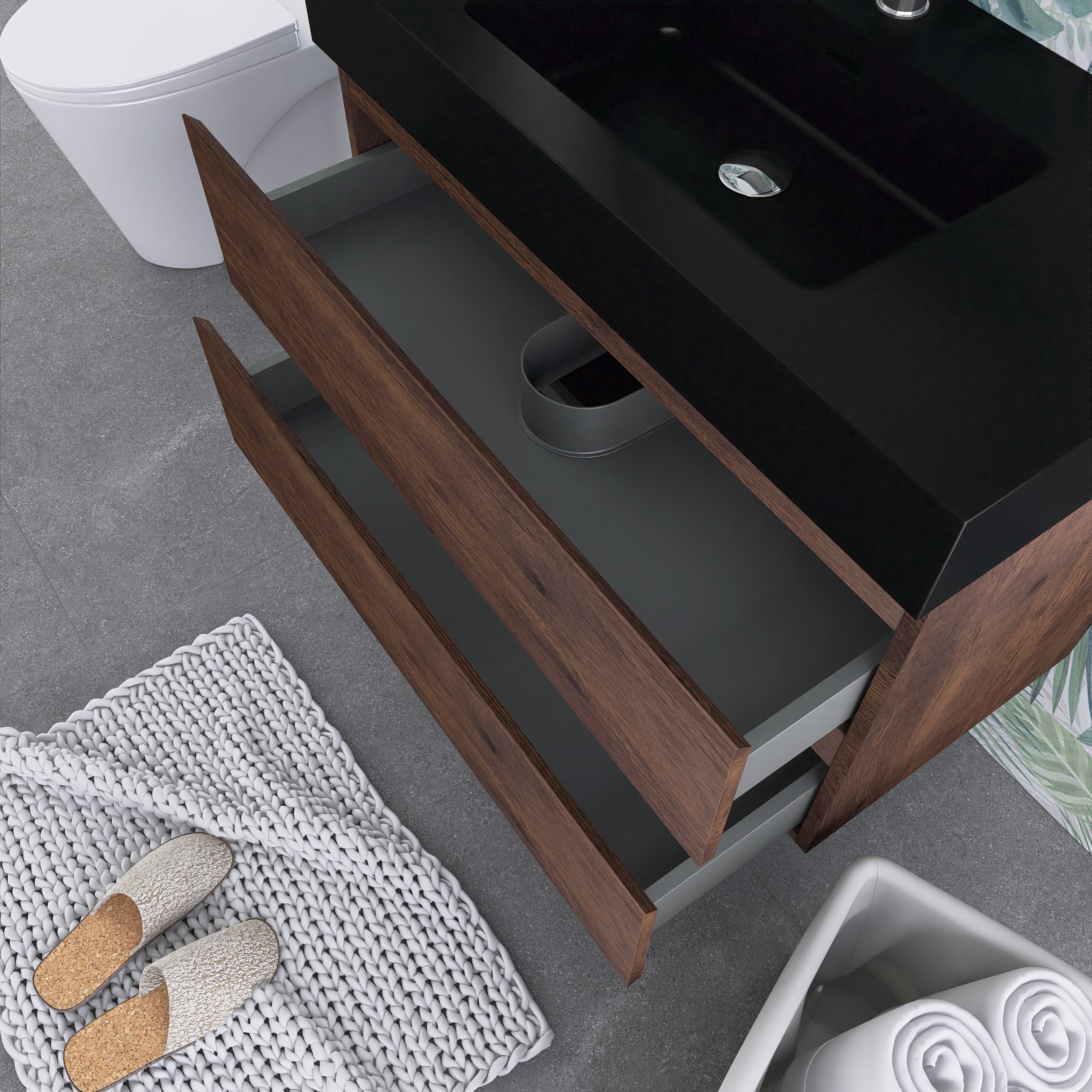 24"/30"/36" Wood Wall-Mounted Bathroom Vanity Set with Black Integrated Quartz Sand Sink