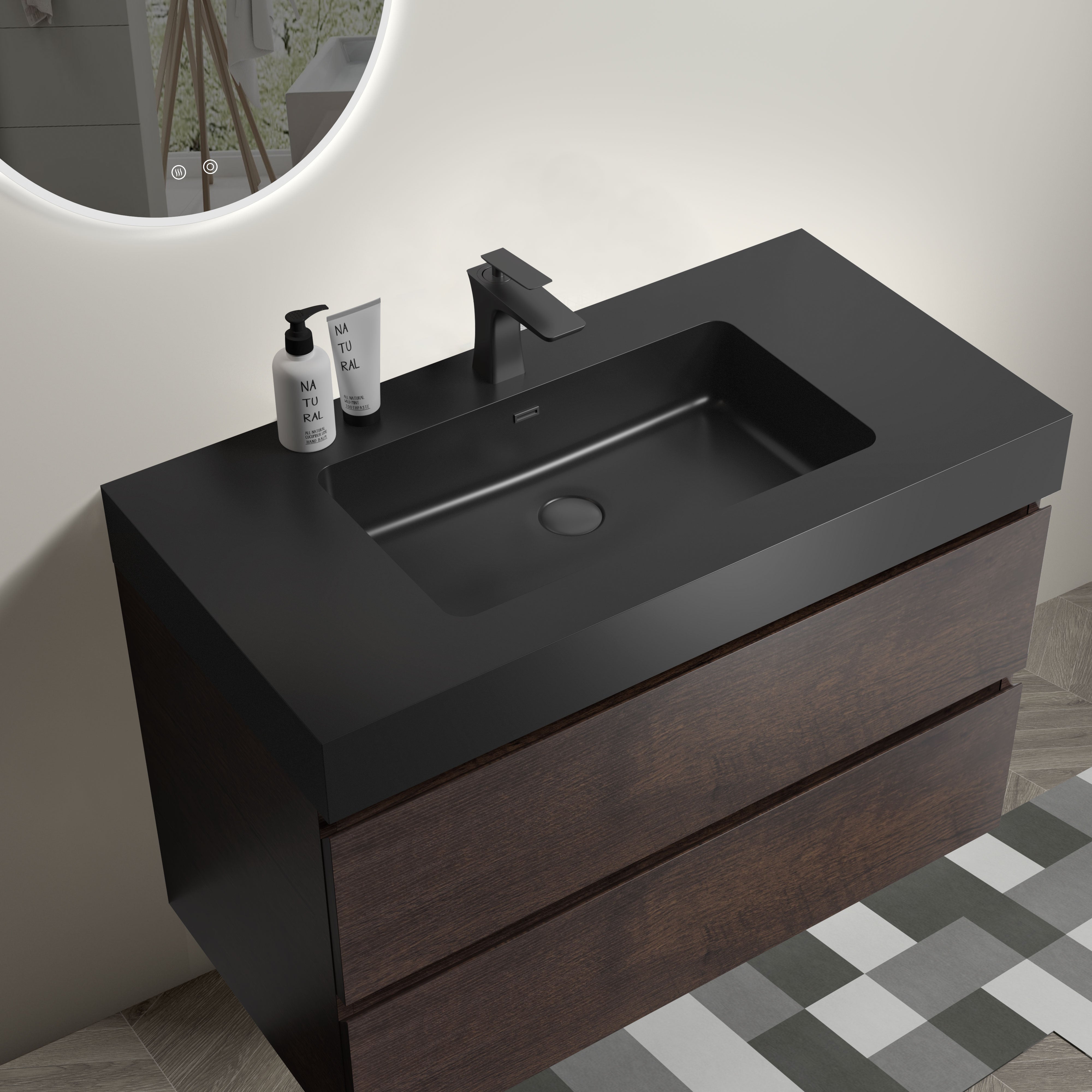 24"/30"/36" Wood Wall-Mounted Bathroom Vanity Set with Black Integrated Quartz Sand Sink