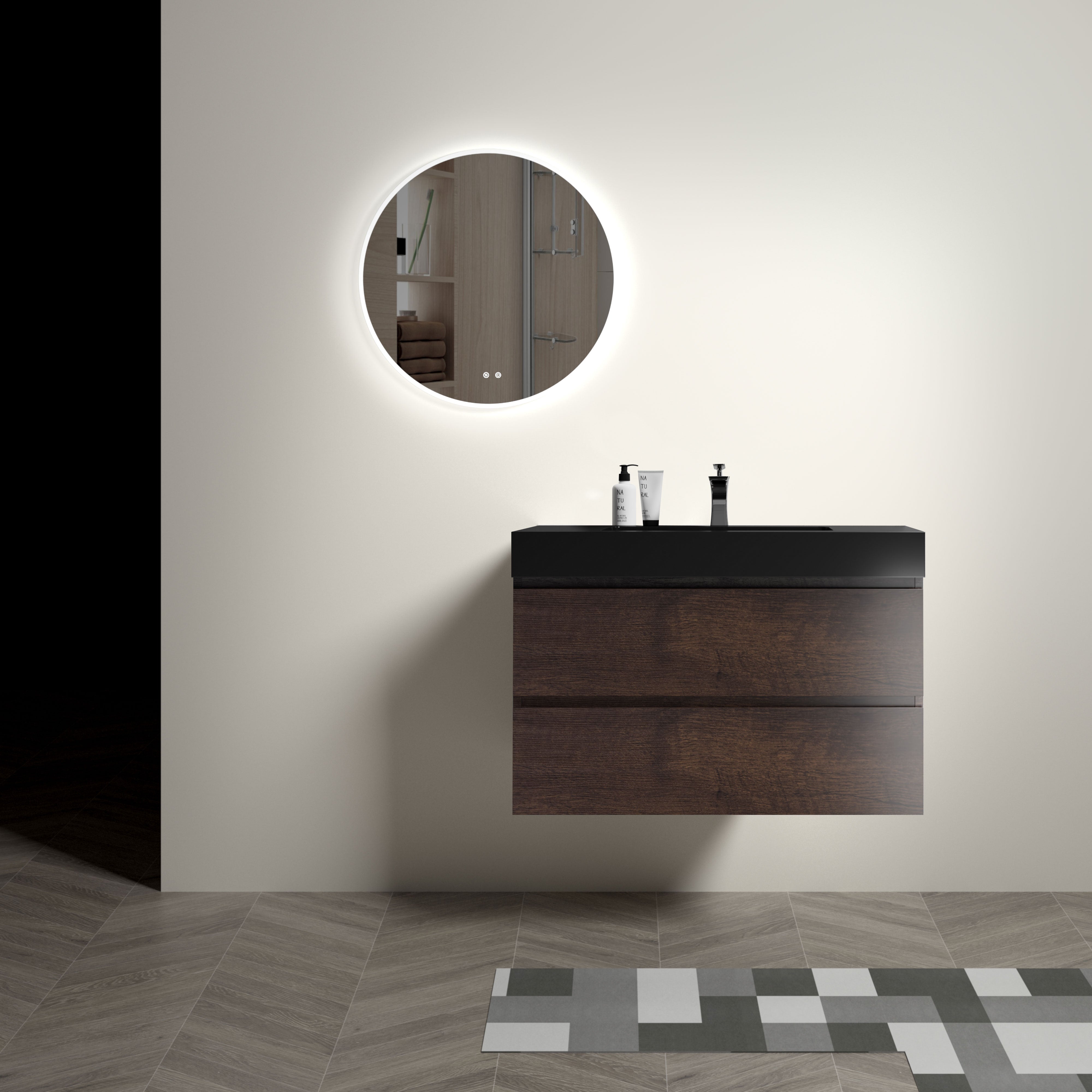 24"/30"/36" Wood Wall-Mounted Bathroom Vanity Set with Black Integrated Quartz Sand Sink
