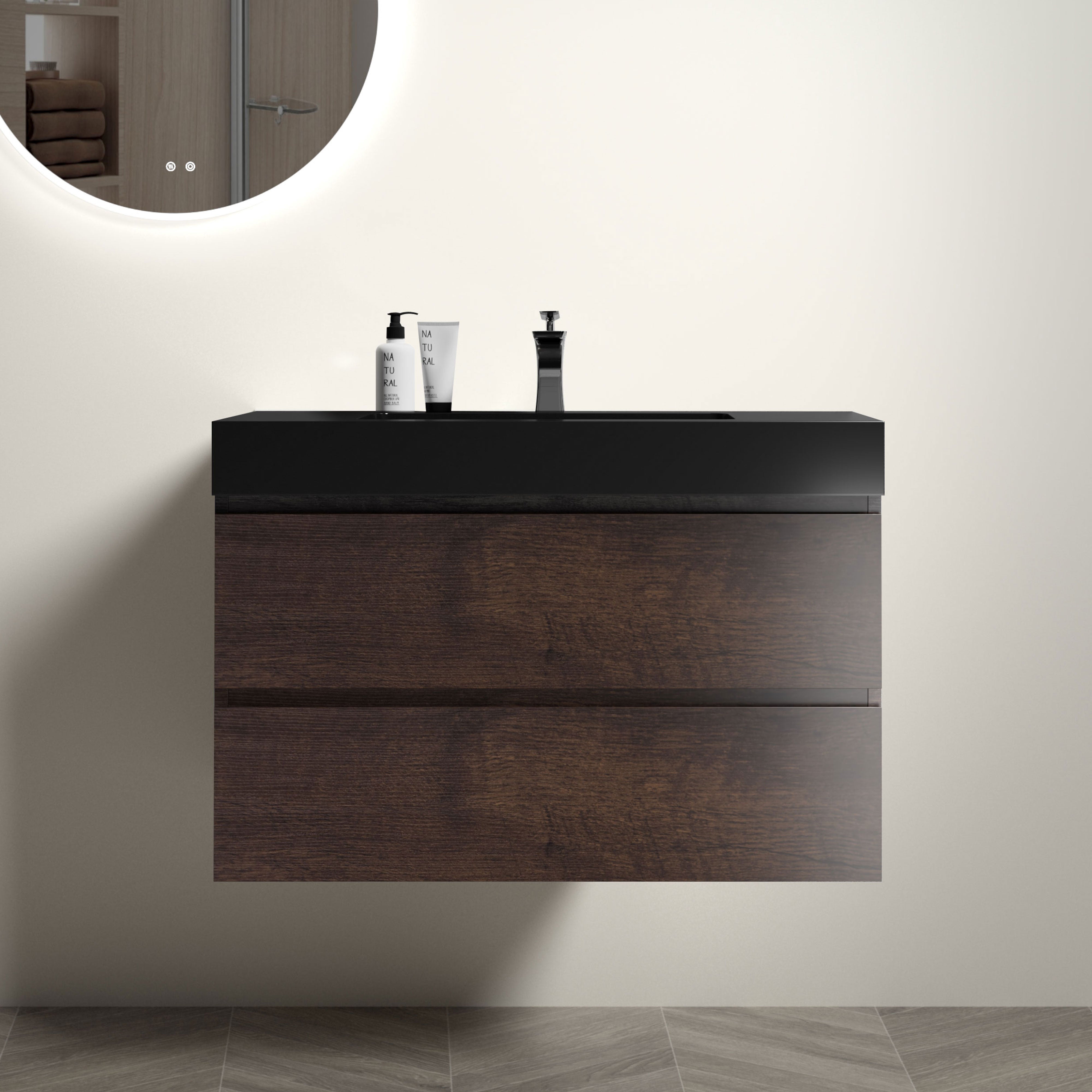 24"/30"/36" Wood Wall-Mounted Bathroom Vanity Set with Black Integrated Quartz Sand Sink
