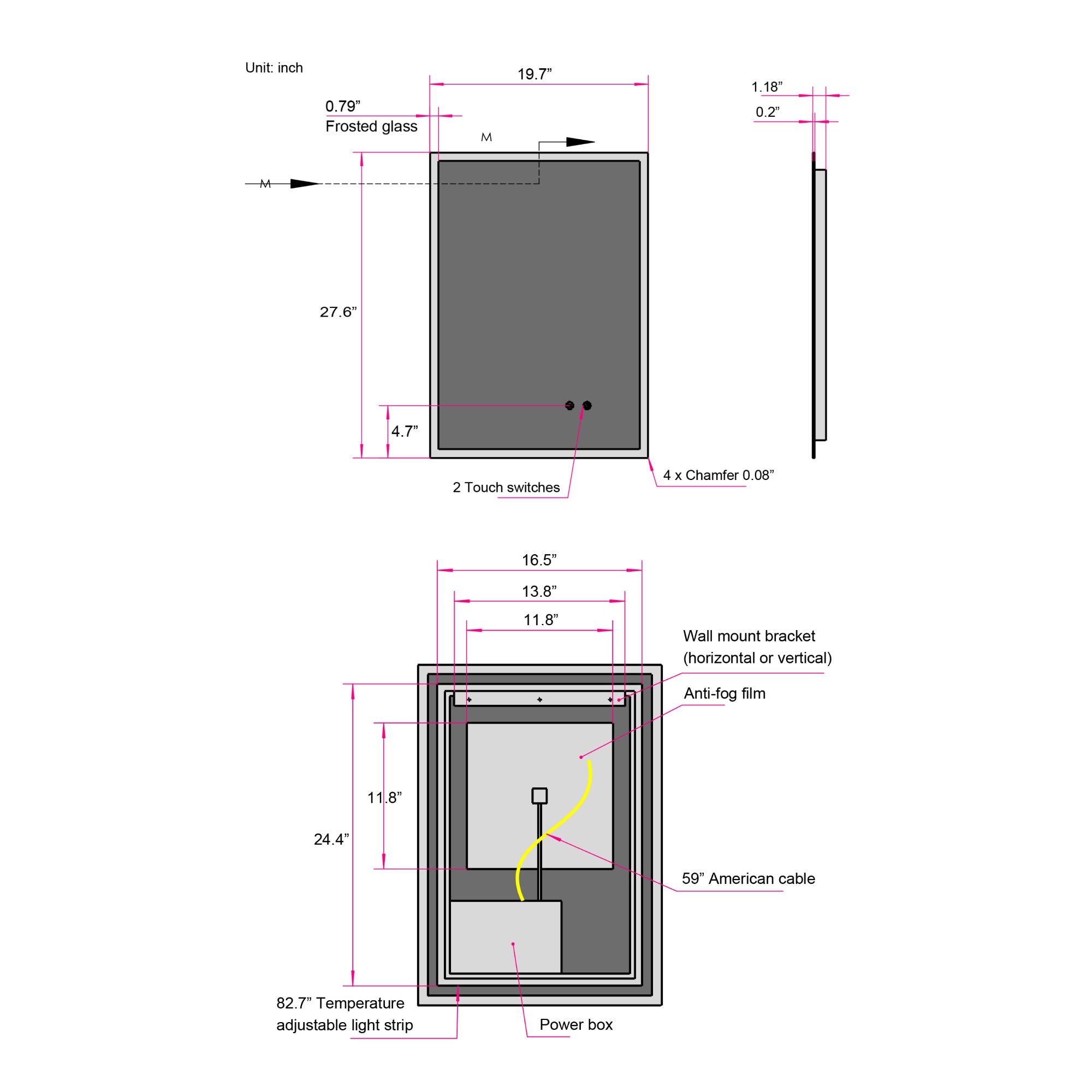 Rectangular Frameless Dimmable Wall Mounted LED Bathroom Vanity Mirror