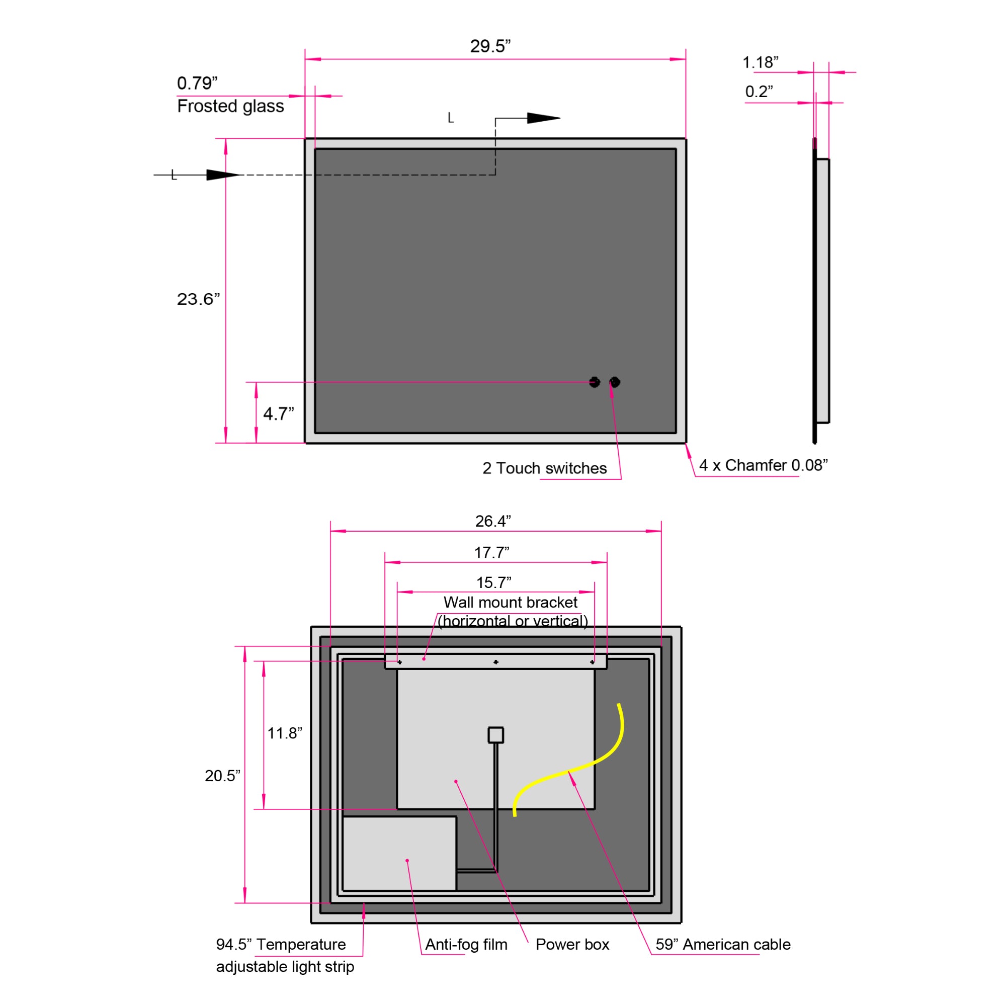 Rectangular Frameless Dimmable Wall Mounted LED Bathroom Vanity Mirror