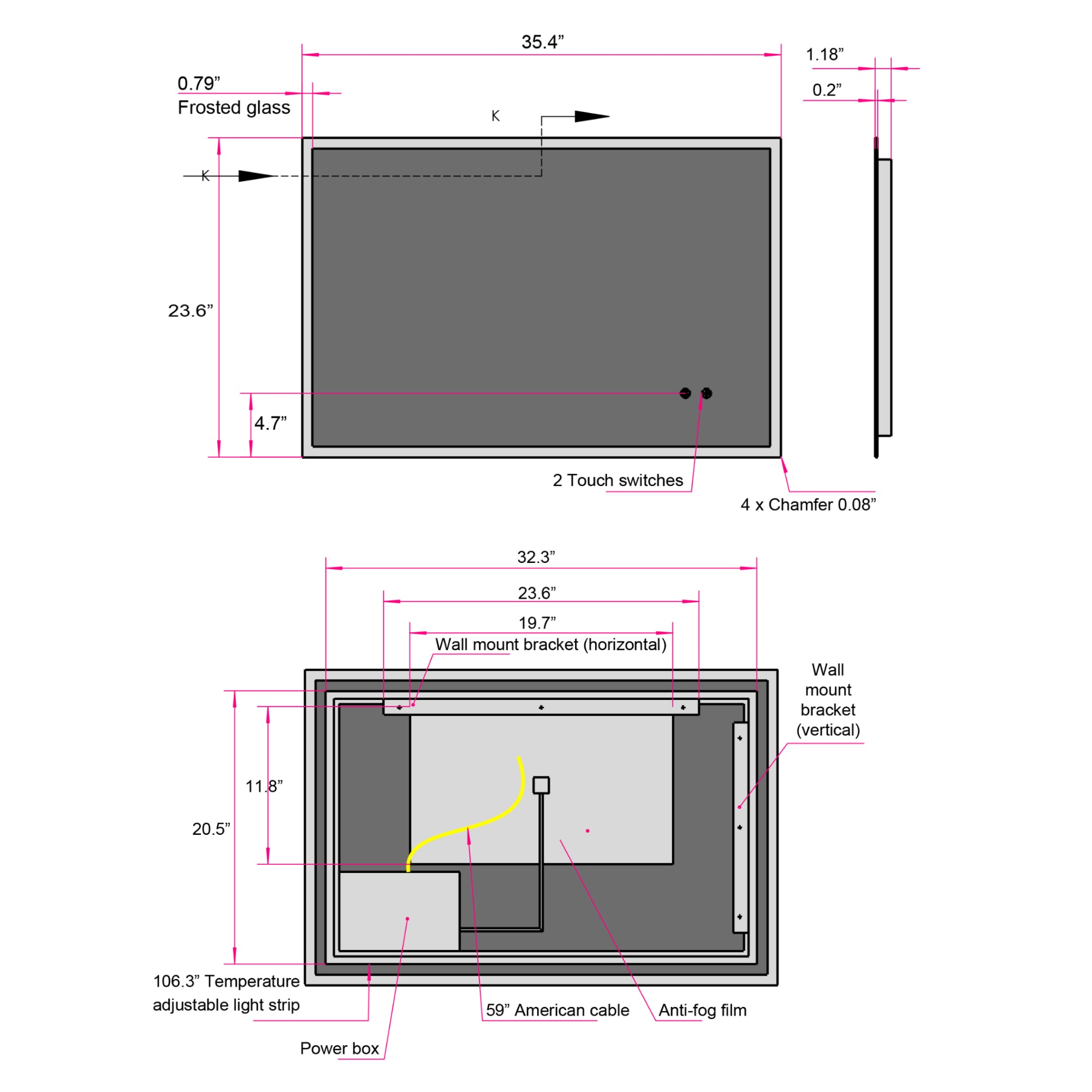 Rectangular Frameless Dimmable Wall Mounted LED Bathroom Vanity Mirror