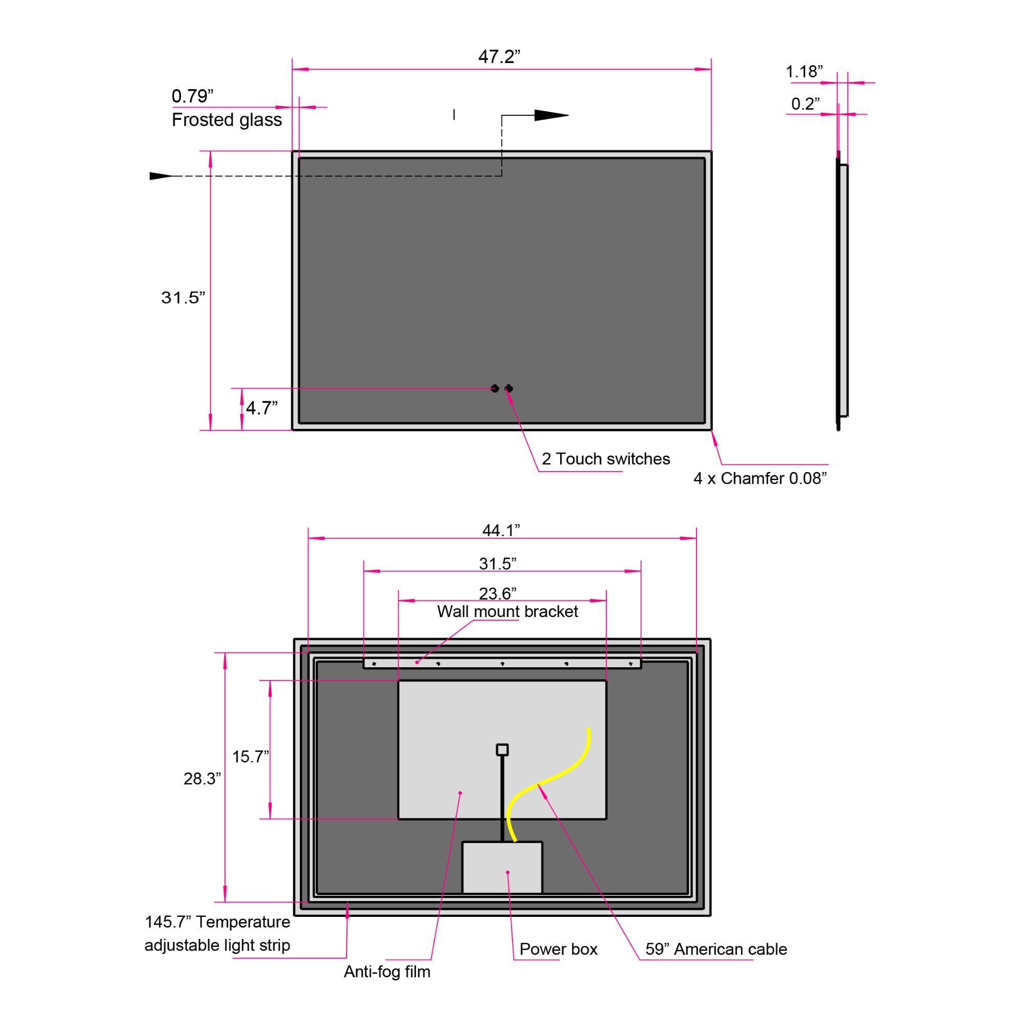 Rectangular Frameless Dimmable Wall Mounted LED Bathroom Vanity Mirror