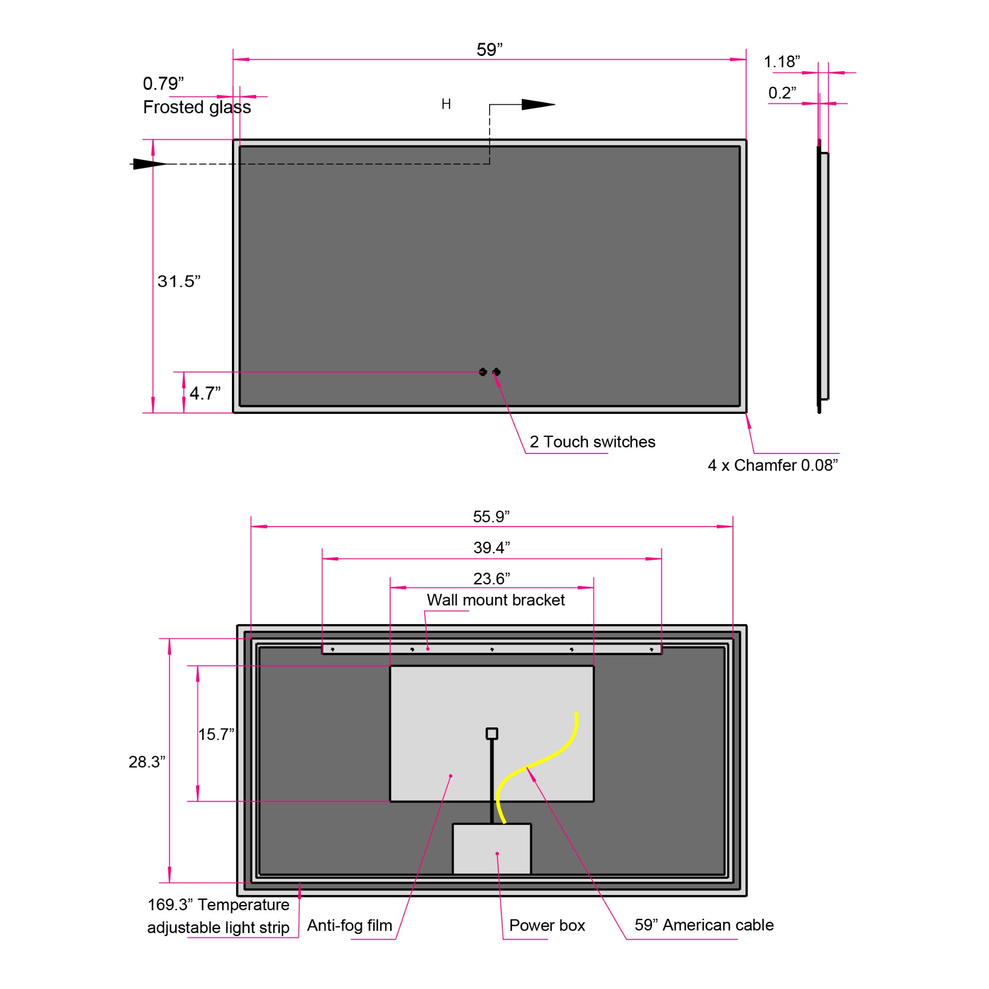 Rectangular Frameless Dimmable Wall Mounted LED Bathroom Vanity Mirror