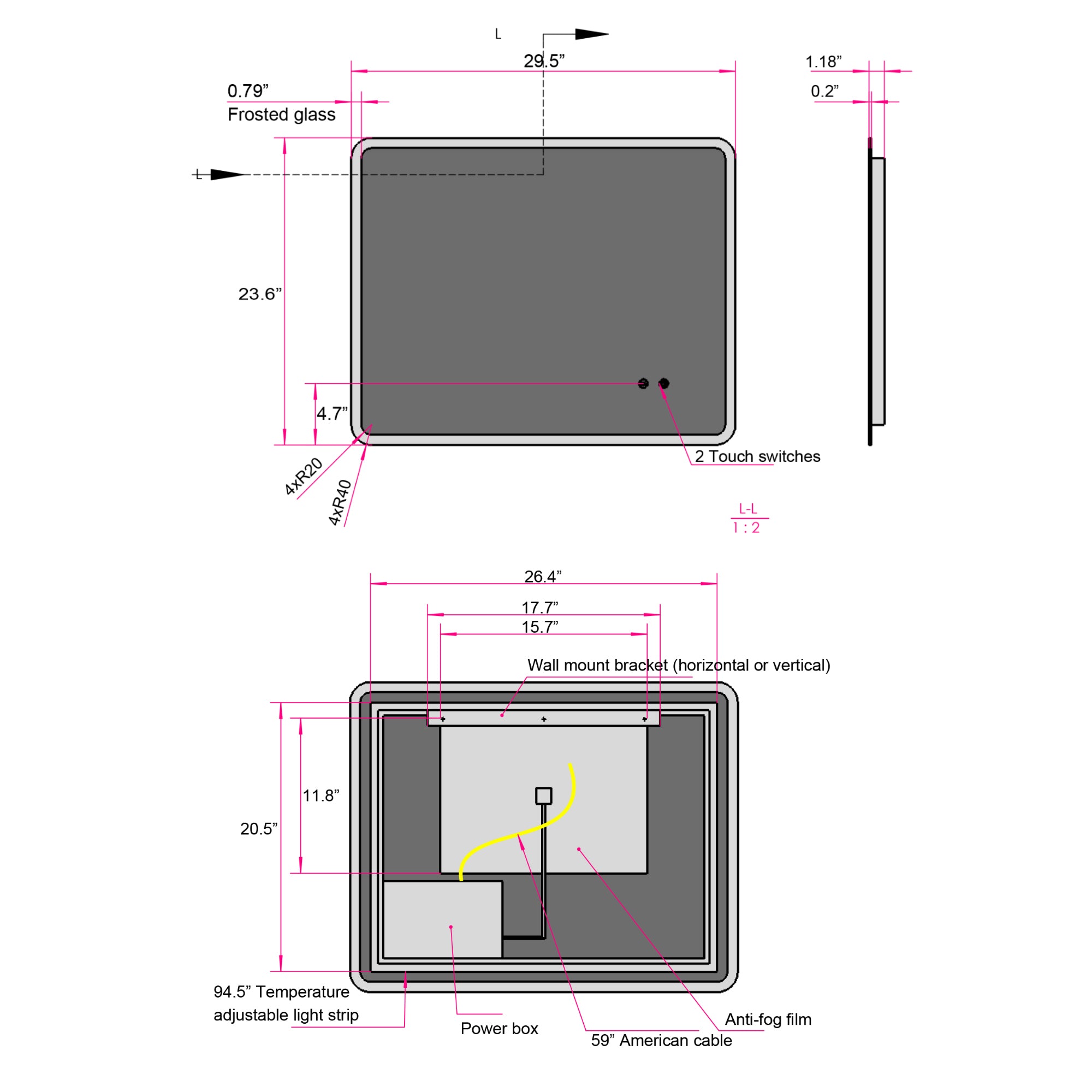 Rectangular Frameless Dimmable Wall Mounted LED Bathroom Vanity Mirror