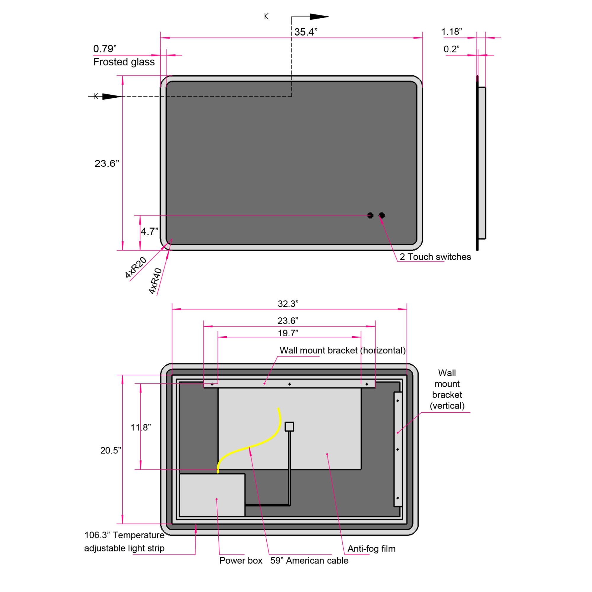 Rectangular Frameless Dimmable Wall Mounted LED Bathroom Vanity Mirror