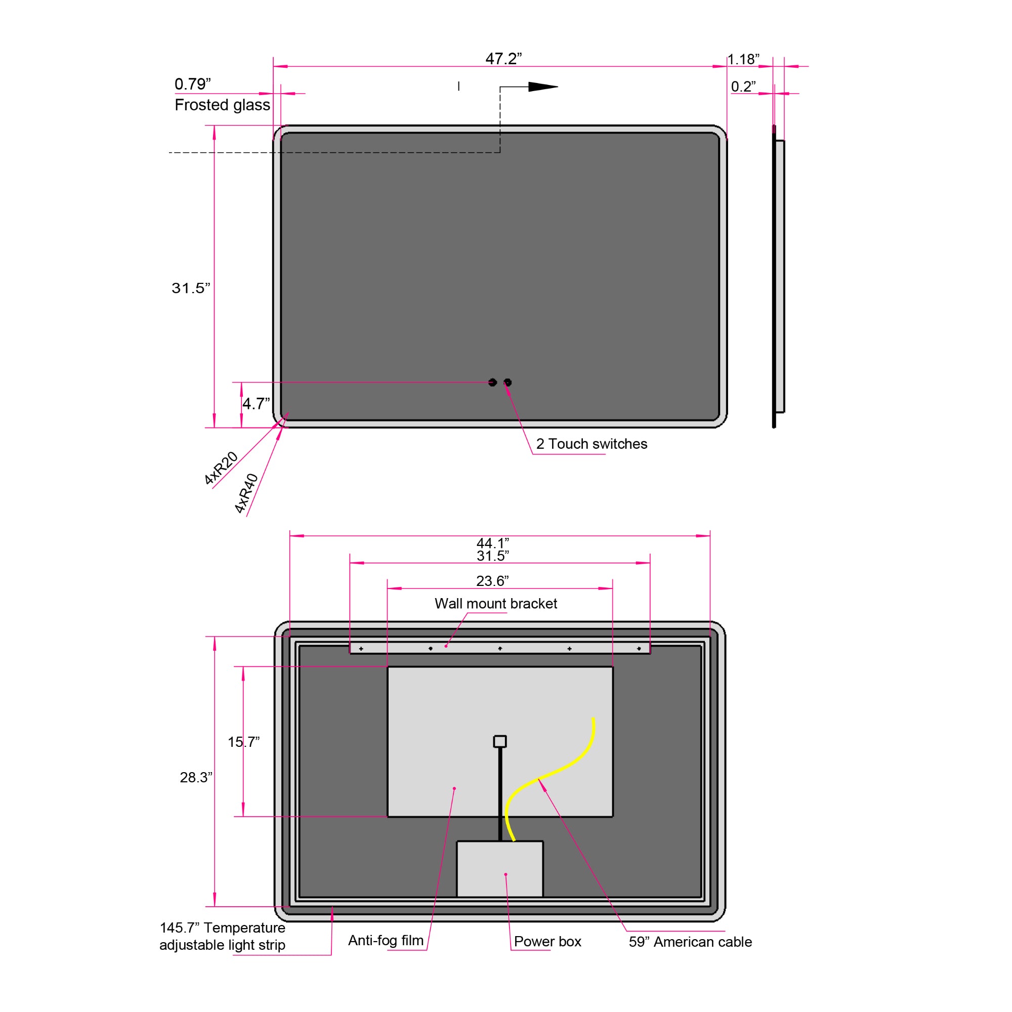 Rectangular Frameless Dimmable Wall Mounted LED Bathroom Vanity Mirror